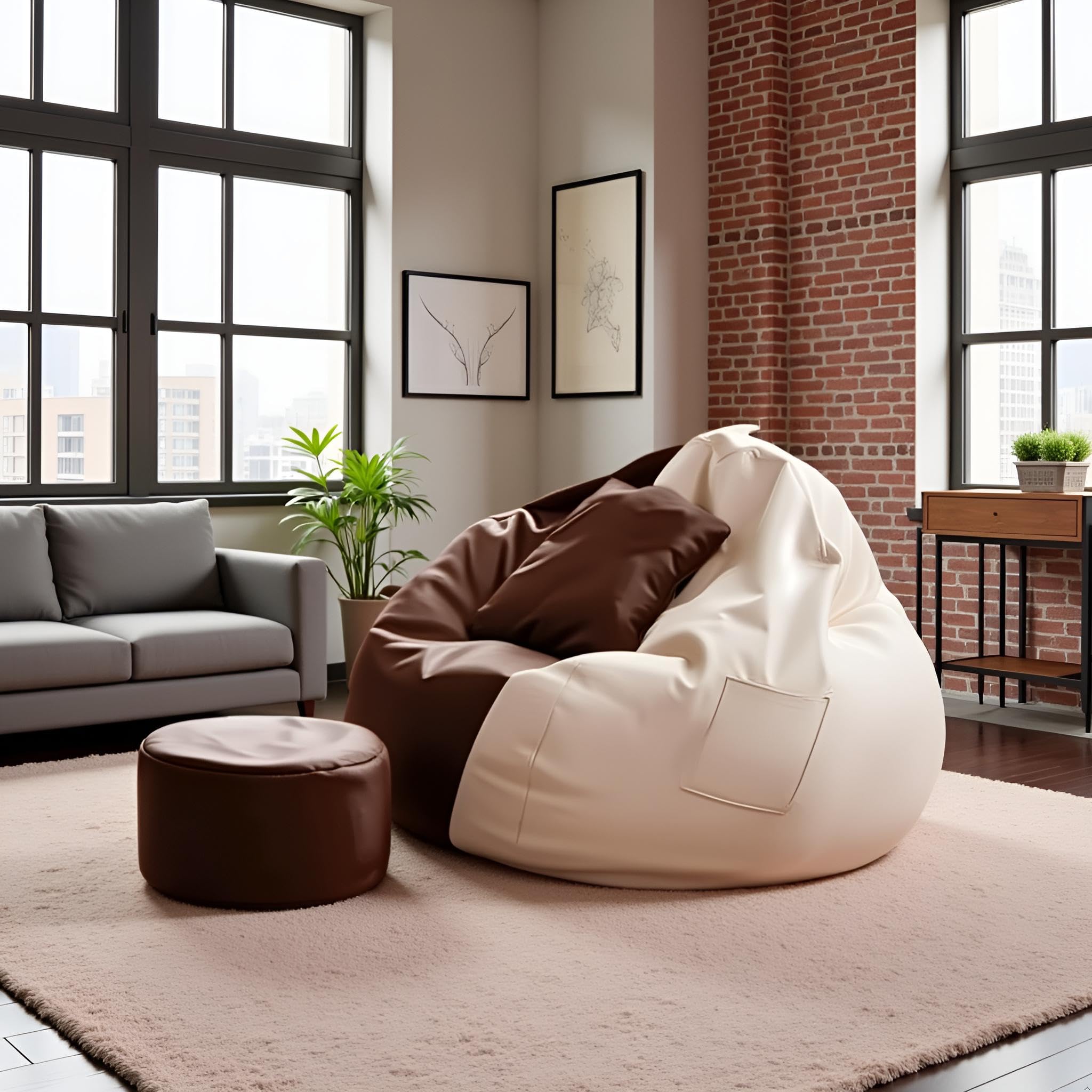 OHSTORE 4XL Bean Bag Cover Set in Faux Leather with Footrest & Cushion β No Filling, Ideal for Home, Office & Gaming Lounge, Cream & Brown (Only Cover) 1