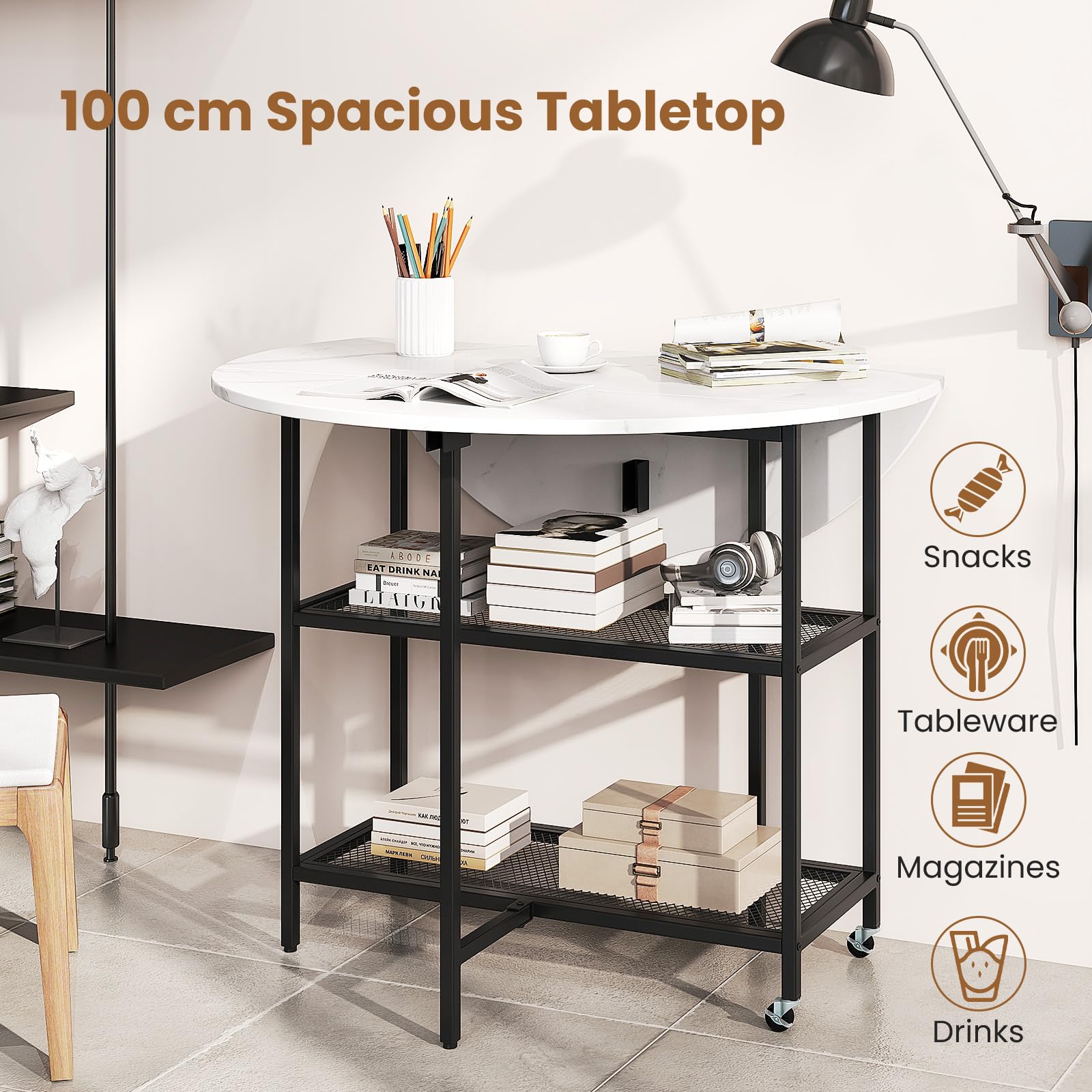 LIFEZEAL Okrągły stół jadalny, 100 cm, nowoczesny stół kuchenny ze składanym blatem, marmurową ramą, metalową ramą, rozkładana szafka do wnętrz z 2 kółkami, półki