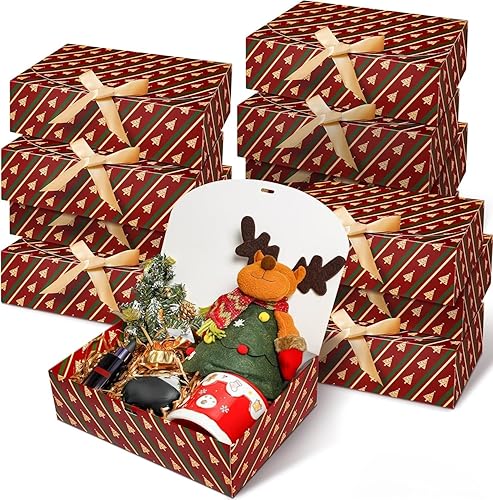 SWANGSA Juego de 12 cajas de regalo de Navidad con tapas, caja de regalo de papel kraft de 10.6 x 8 x 3 pulgadas, caja de regalo de árbol de Navidad