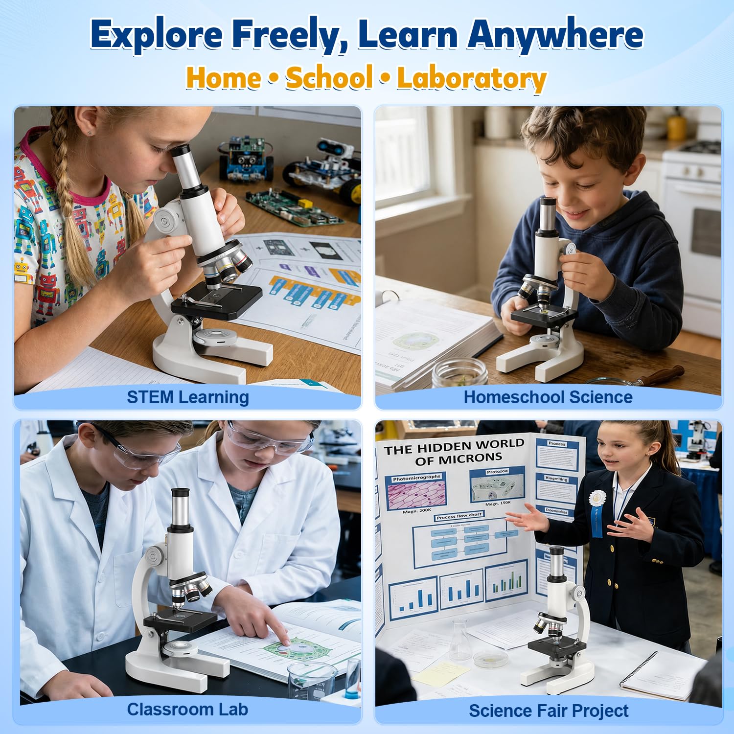 Microscopio compuesto 40X-2000X para niños y adultos: microscopio biológico con diapositivas y estuche de almacenamiento, kit educativo de ciencia de laboratorio escolar para estudiantes principiantes