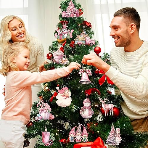 Miniatura 2 de 36 piezas de adornos colgantes de árbol de Navidad rosados, adornos de Navidad de madera para árbol de Navidad, vintage, rústico, 3D, colgantes de