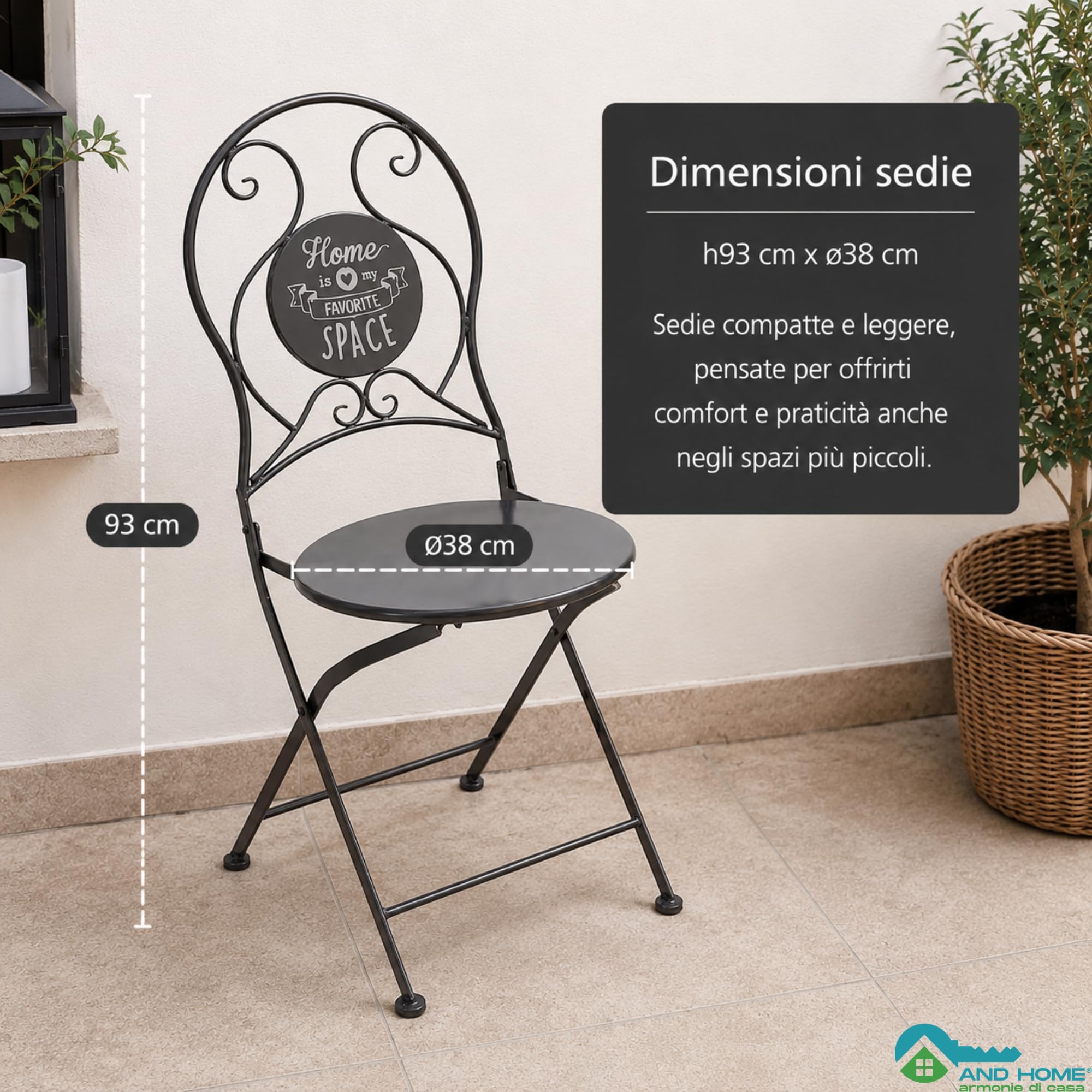Tavolo e Sedie da Esterno con Tavolino Rotondo e 2 Sedie (Bistrot Fiore) | Struttura in metallo, colore grigio, tavolo Ø60 cm, ideale per balcone terrazzo veranda giardino