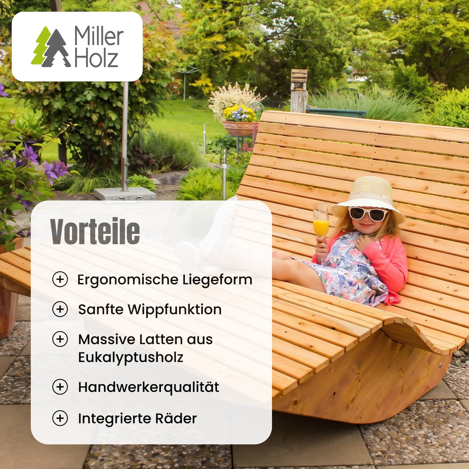 Sonnenliege Holz - 90 cm breit – ergonomische Gartenliege aus Eukalyptus mit Wipp-Funktion, wetterfeste Wellenliege für Garten, Terrasse & Sauna, geschwungene Relaxliege 90 cm breit