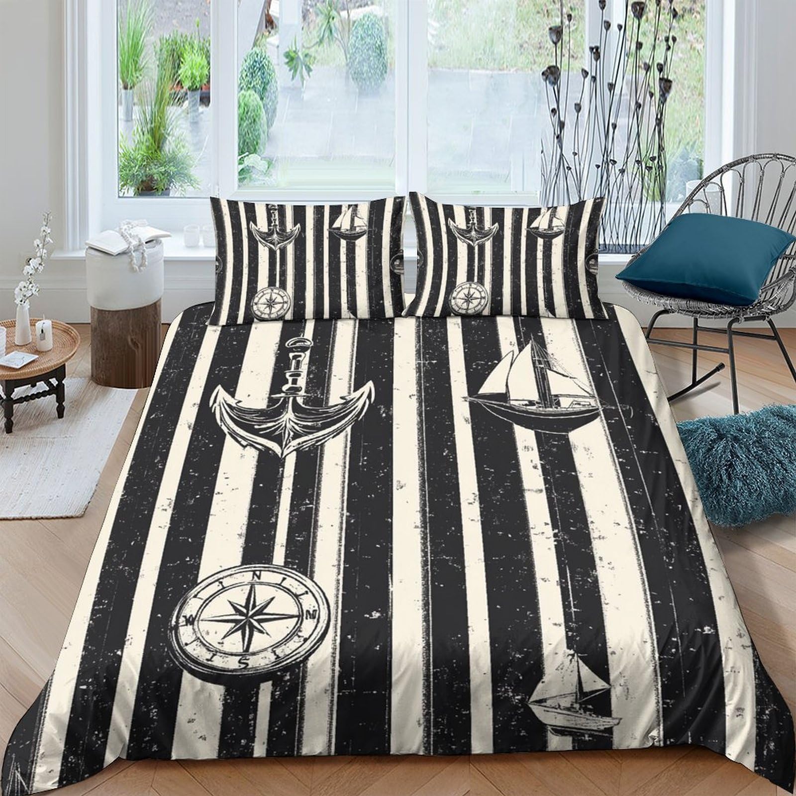 Ctjqhvkz Style-1 3D Printed Nautical Stripe Fitted Sheet Microfiber Anchor Sailboat Bed Sheet For Bedroom Guest Room Decor Protection Single（135X200cm）