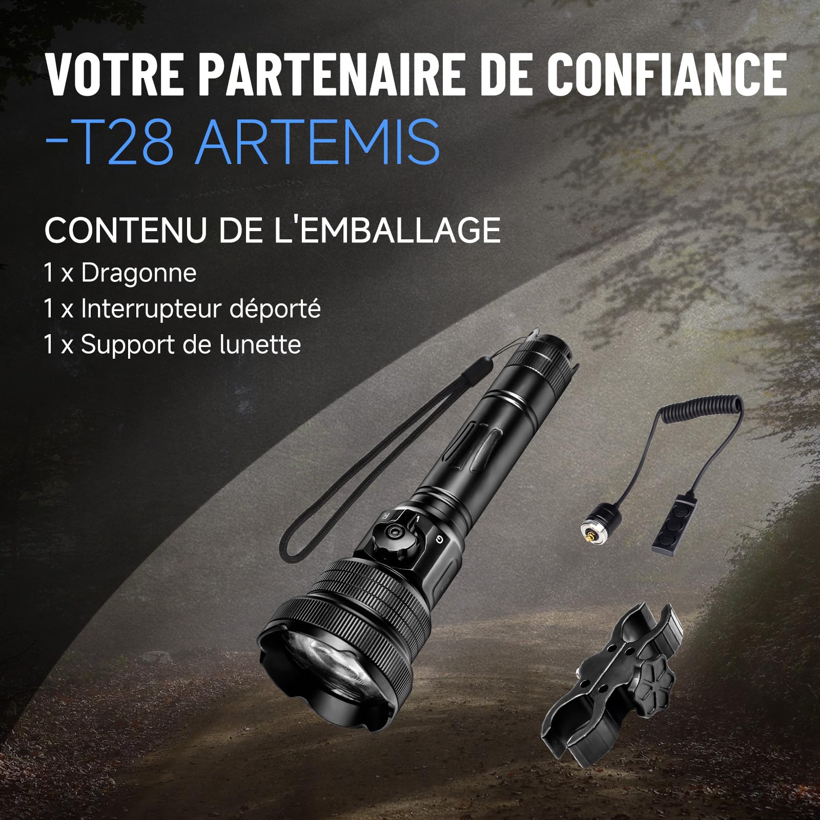 Brinyte T28 Lampe Torche Zoom 3-En-1 Rouge Blanc Vert Extérieur | Variateur Continu, Interrupteur Rotatif, Longue Portée, Lampe Tactique, Interrupteur Distance, Deux Supports, Camping