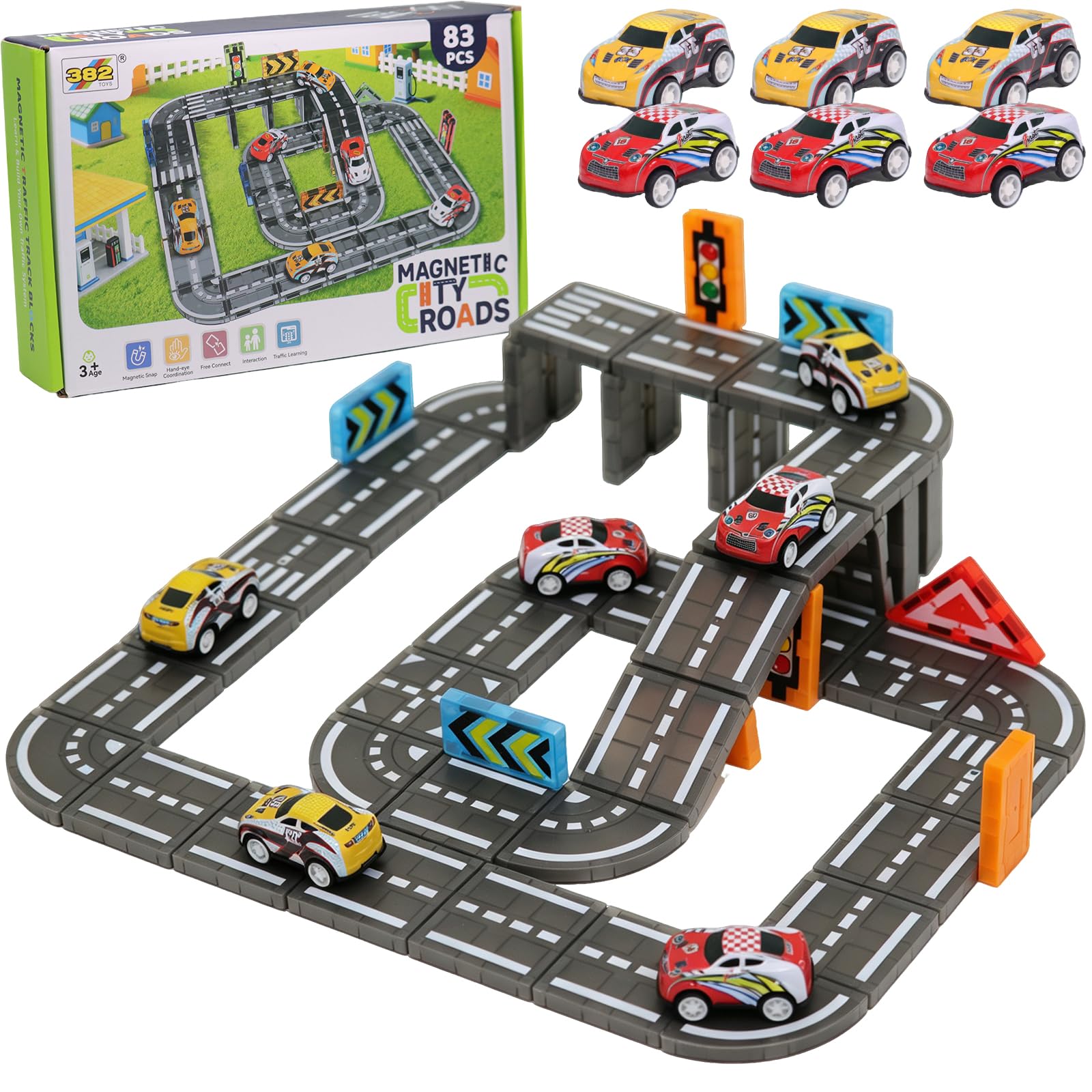 83 Piezas Construcciones Magnéticas Carretera Niños, Incluye 6 Coches