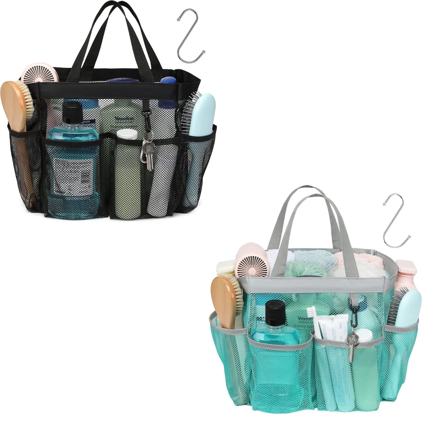 F-color Mesh Shower Caddy Portable Black Bundle and Mint Green Upgrade Deeper 7 Pockets Basket Bag Tote for