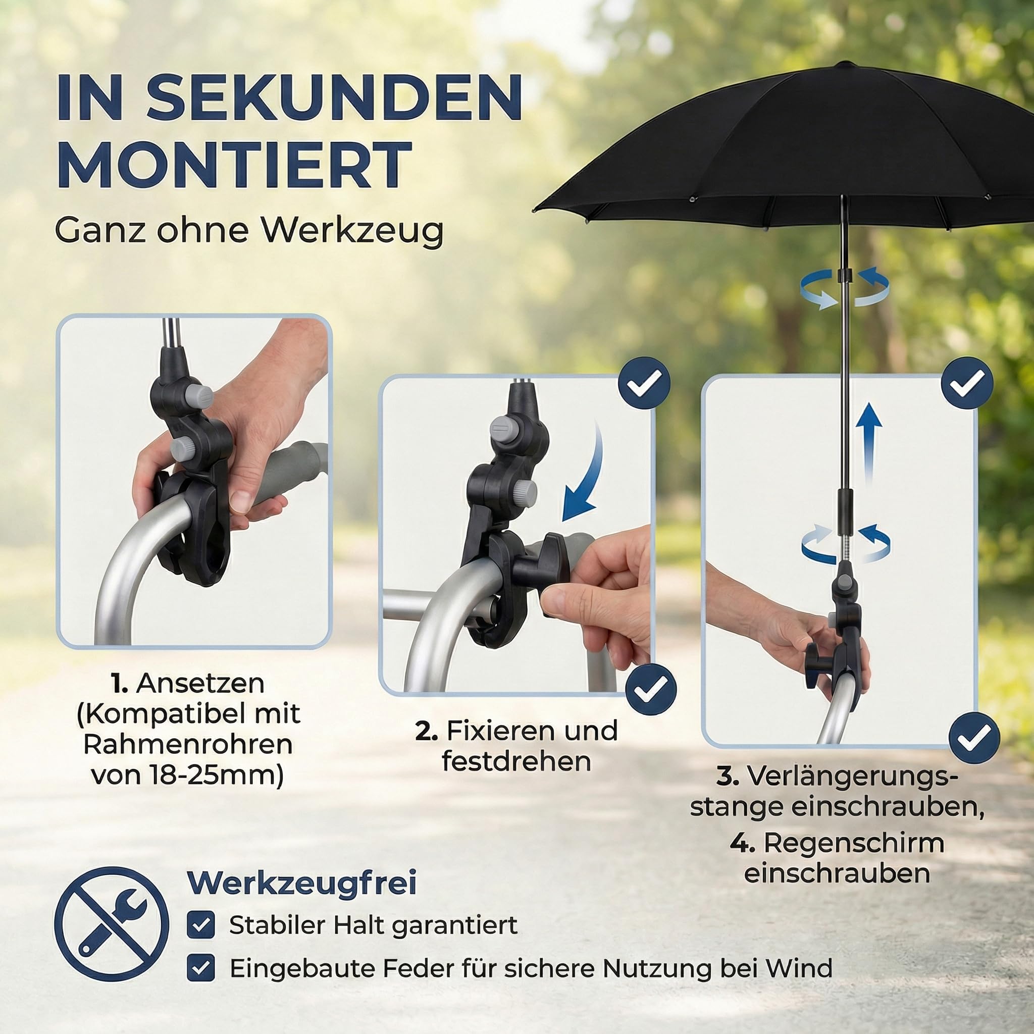 Regenschirm für Rollator und Kinderwagen mit Halterung, höhenverstellbarer Rollator Schirm - Praktische Rollator Schirmhalterung