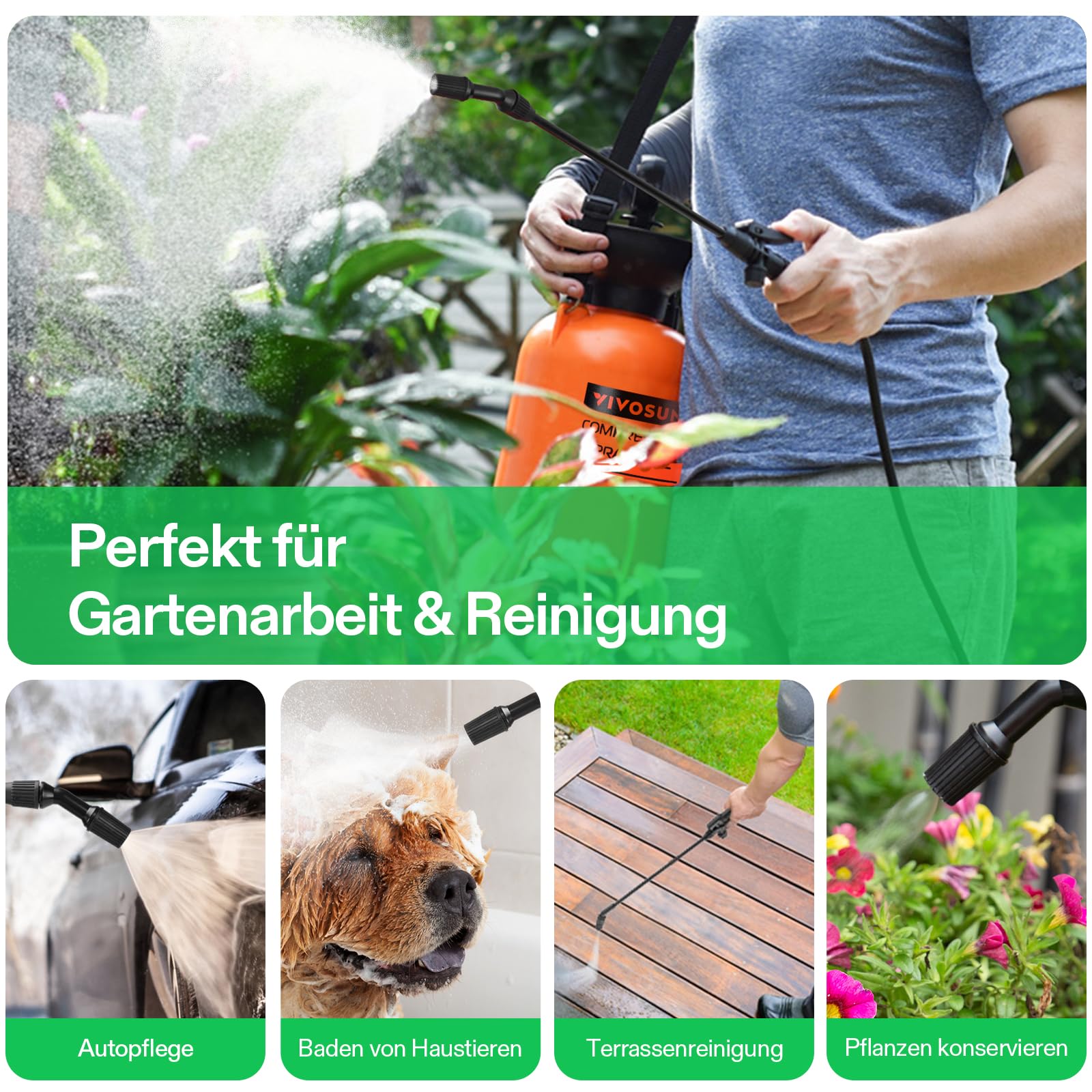 VIVOSUN Drucksprüher 8L Gartenspritze mit Verstellbarer Düse und Trageriemen, Sprühflasche Pumpsprüher mit Sicherheitsventil für Pflanzen Garten Rasenpflege und Haushaltsreinigung, Orange