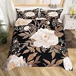 Feelyou Kids Adult Vintage Floral Bedding Set Queen Size，Black Duvet Cover Flower Gold Leaf Plant Pattern Comforter Cover Microfiber Bedspread Cover for Bedroom Decor,No Comforter