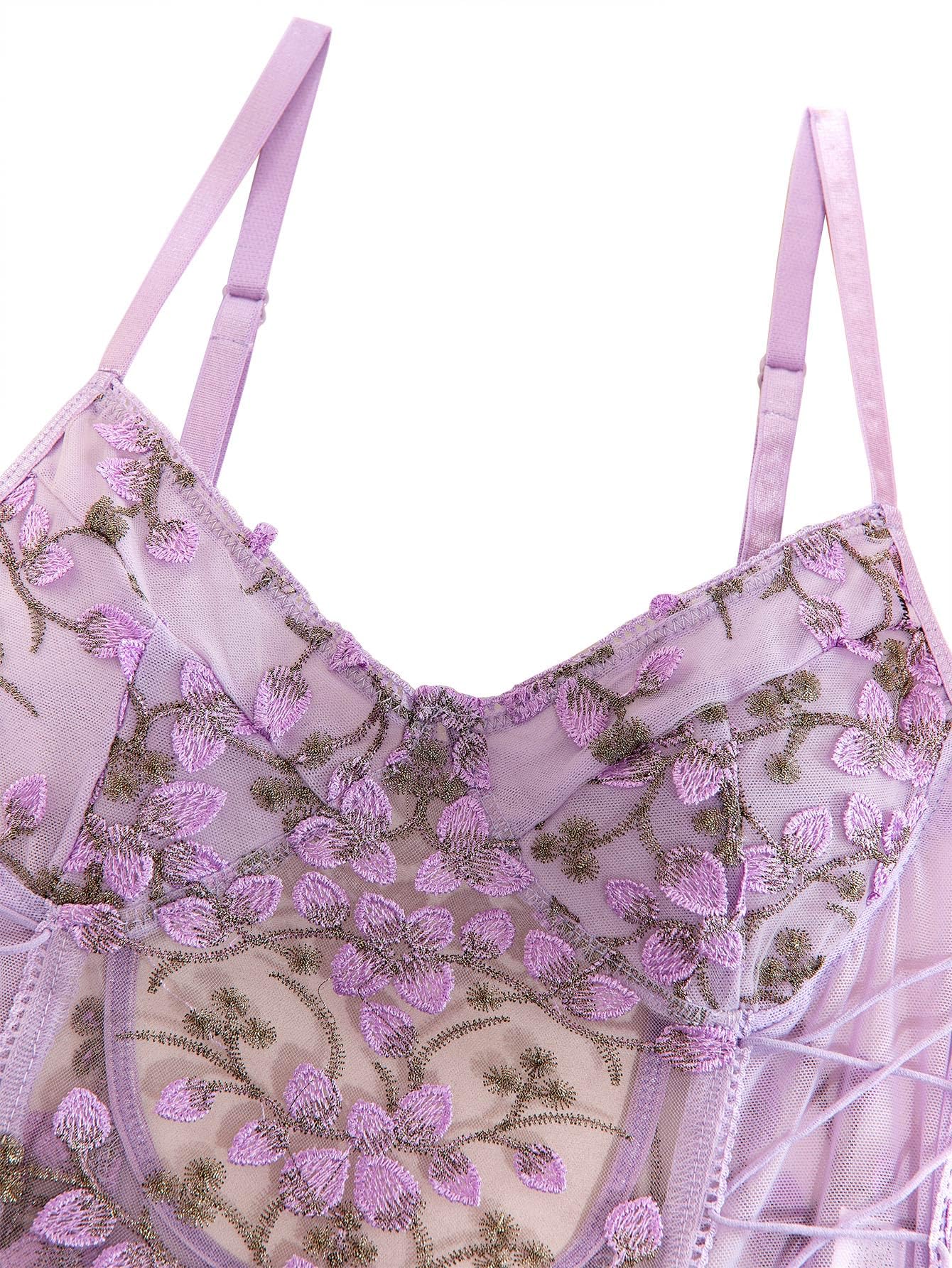 Lilosy Women Sexy Lace Up Floral Embroidered Teddy Lingerie Bodysuit Top Mesh Sheer One Piece: Small Lavender Purple