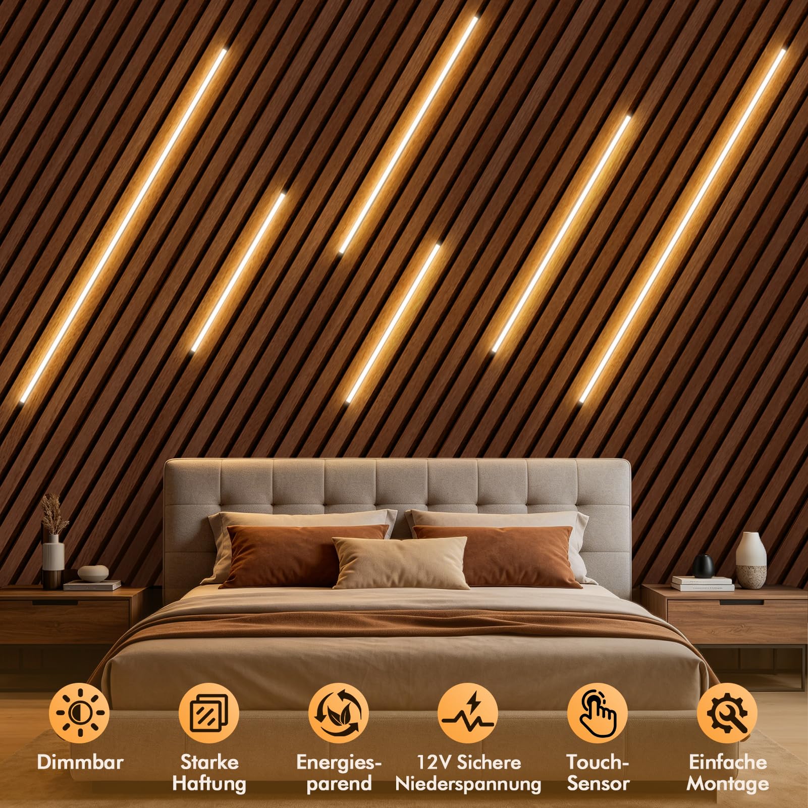 Tira de luz LED integrada para paneles acústicos, regulable, autoadhesiva, luz blanca cálida, 6 unidades con interruptor táctil, tira autoadhesiva, para paneles de pared, iluminación (40 x 2