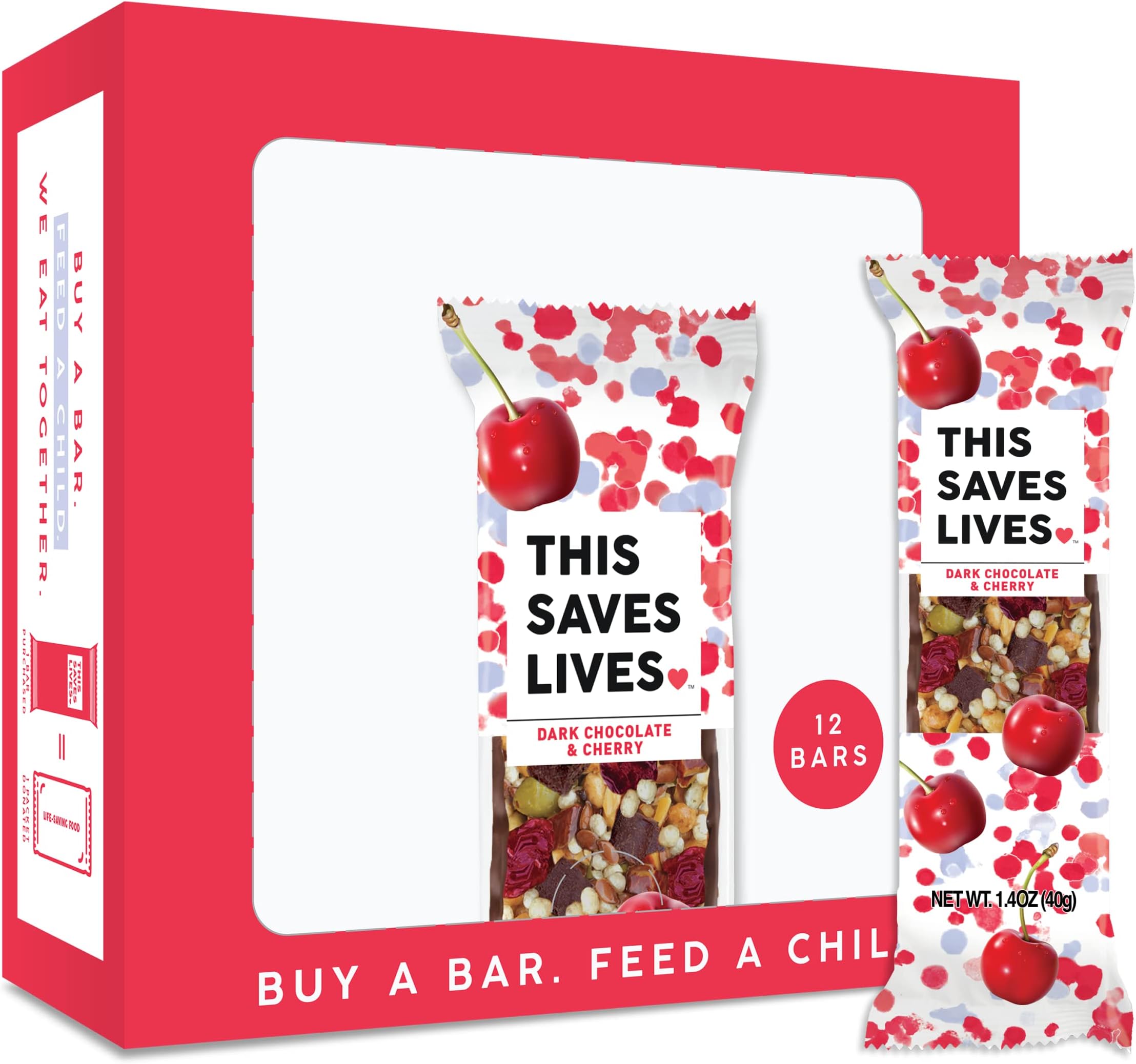 This Saves Lives Gluten-Free Snack Bars, Helping to End Child Hunger, Individually Wrapped Healthy Snack Bars, Non-GMO, Dark Chocolate Cherry, 1.4oz Bars (Box of 12)