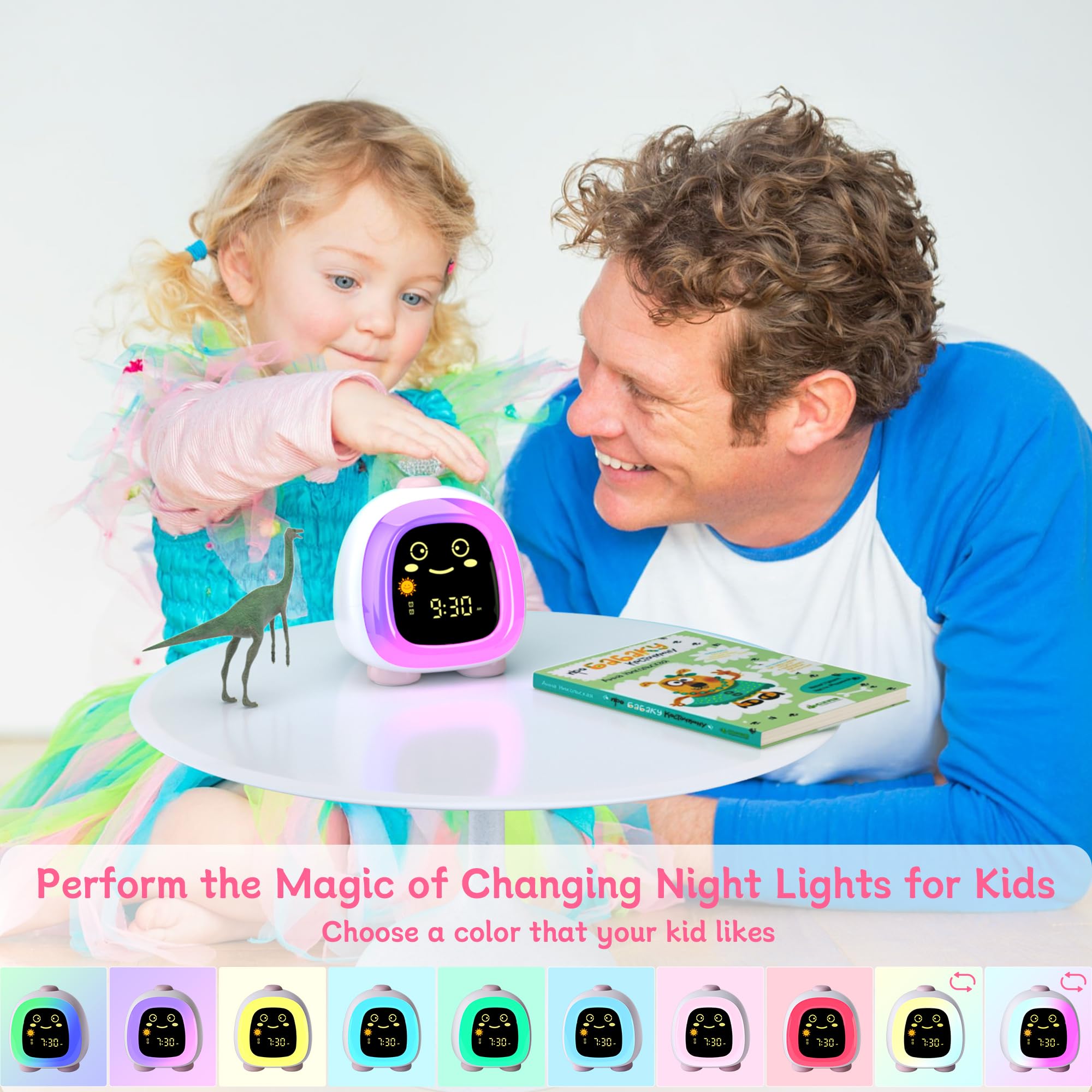 ANALOI Jolie horloge pour enfants, veilleuse pour enfants avec mode répétition, minuterie de sommeil, double alarme, entraînement au sommeil, 3 luminosités, veilleuse 10 couleurs, volume réglable,