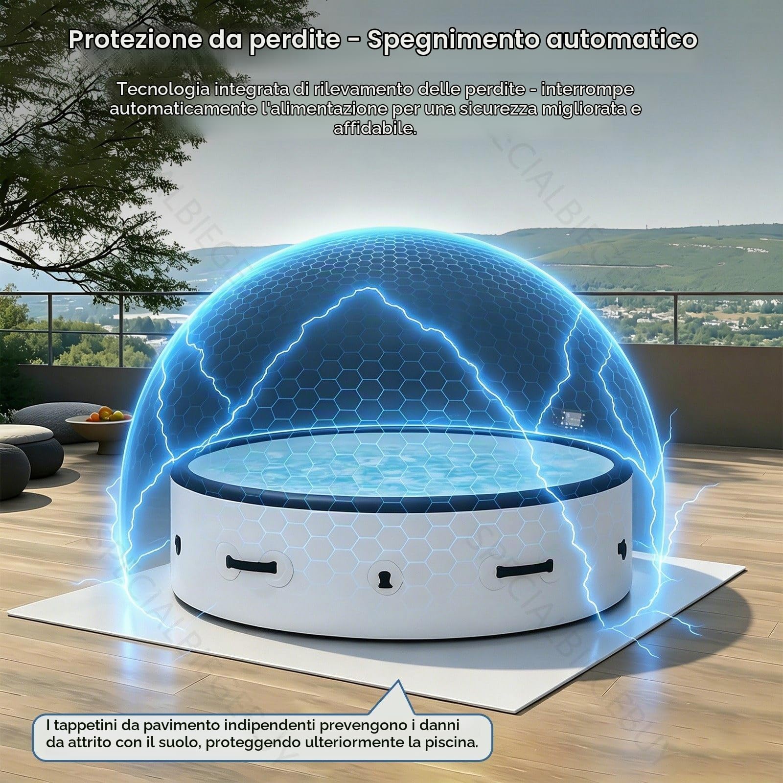 4-6 posti Whirlpool Spa Bubble Massage Bicolore Bianco-Nero - Formato Rotondo massaggianti, Riscaldamento integrato, Copertura Isolante, Volume1722l, Ø206 x H71 cm，6 Effetti Luminosi, Max 40°C