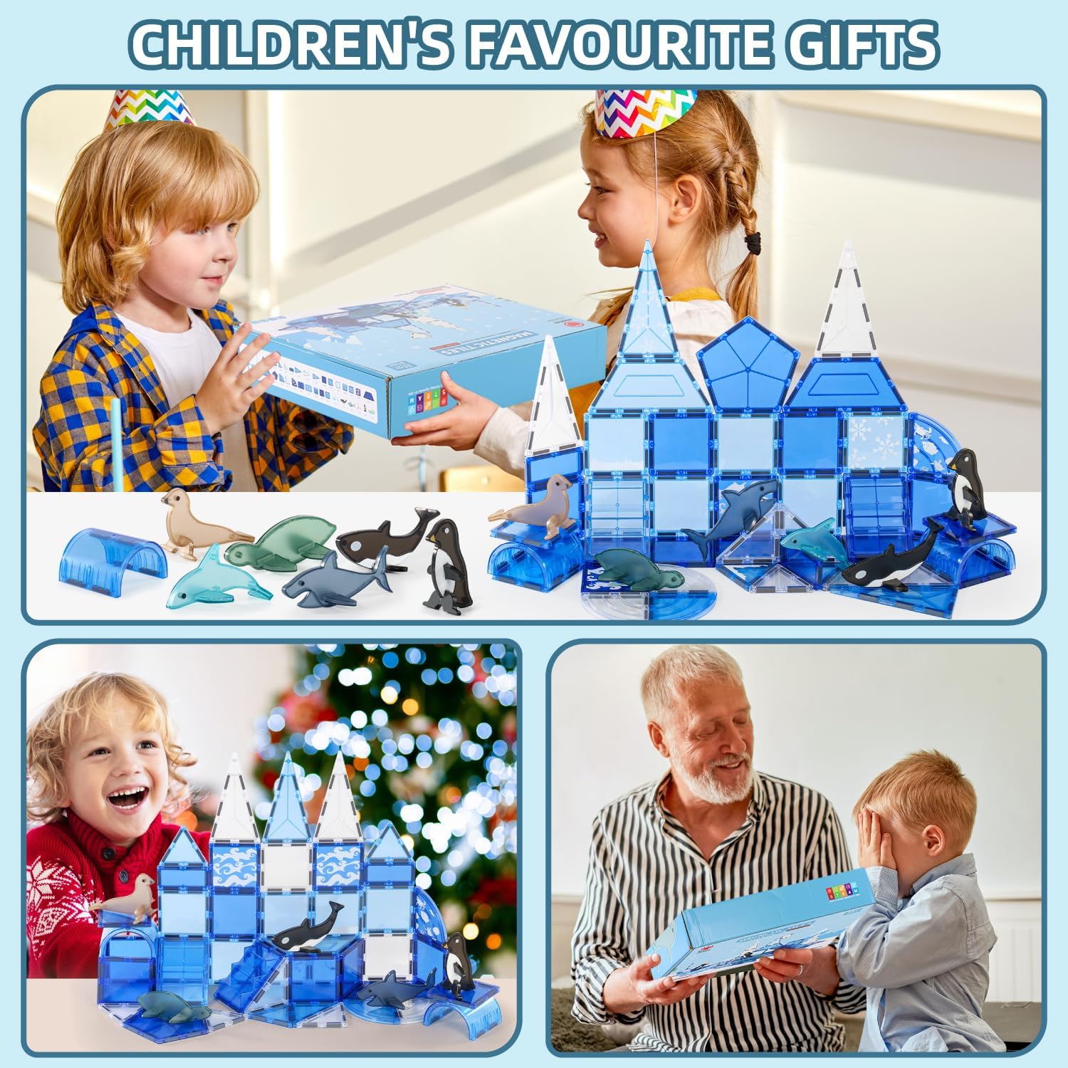 Arctic Animals Magnetic Tiles for Kids Ages 4-8, Aquarium Magnetic Building Set with 6 Sea Animals, Educational Magnet Blocks for School Toddlers, Birthday Xmas Gifts for Grandkids Boys Girls 3-5 4-6