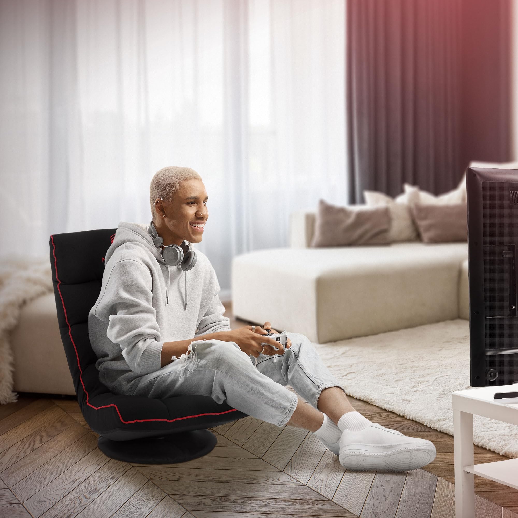 ML-Design Gaming Bodenstuhl Schwarz-Rot, Ergonomischer Gaming Sessel, 360° drehbar & verstellbar, Klappbarer Boden Gamer Stuhl mit Kopfstütze, Bodensessel gepolstert, Relax Bodensofa, Lounge Sessel