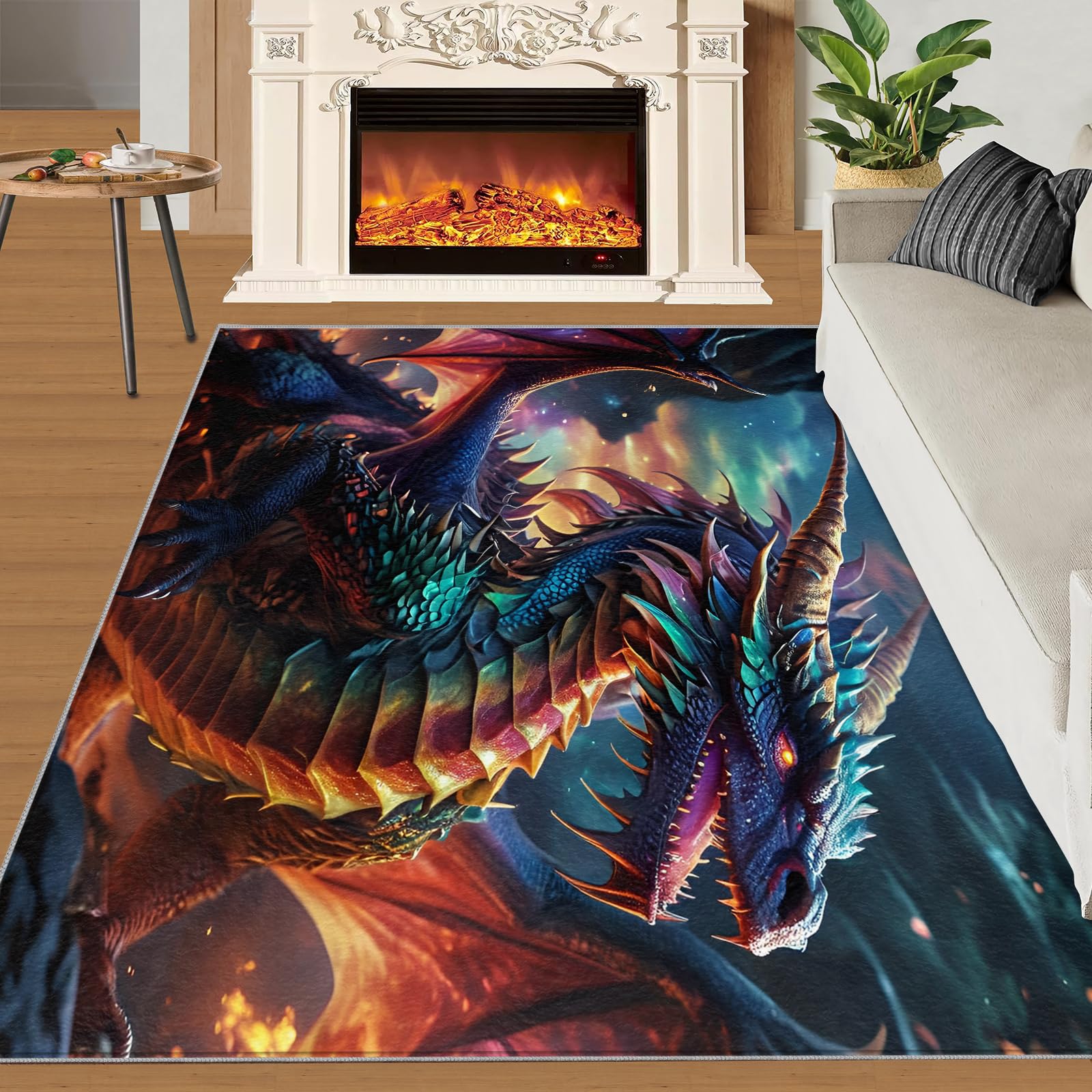 SANSJI Colorful Dragon Large Rug for Bedroom, Magic Animal Area Rugs 160x230 Carpet, Magical World Rugs Non Slip Washable, Neon Purple Stain Resistant Mats for Living room