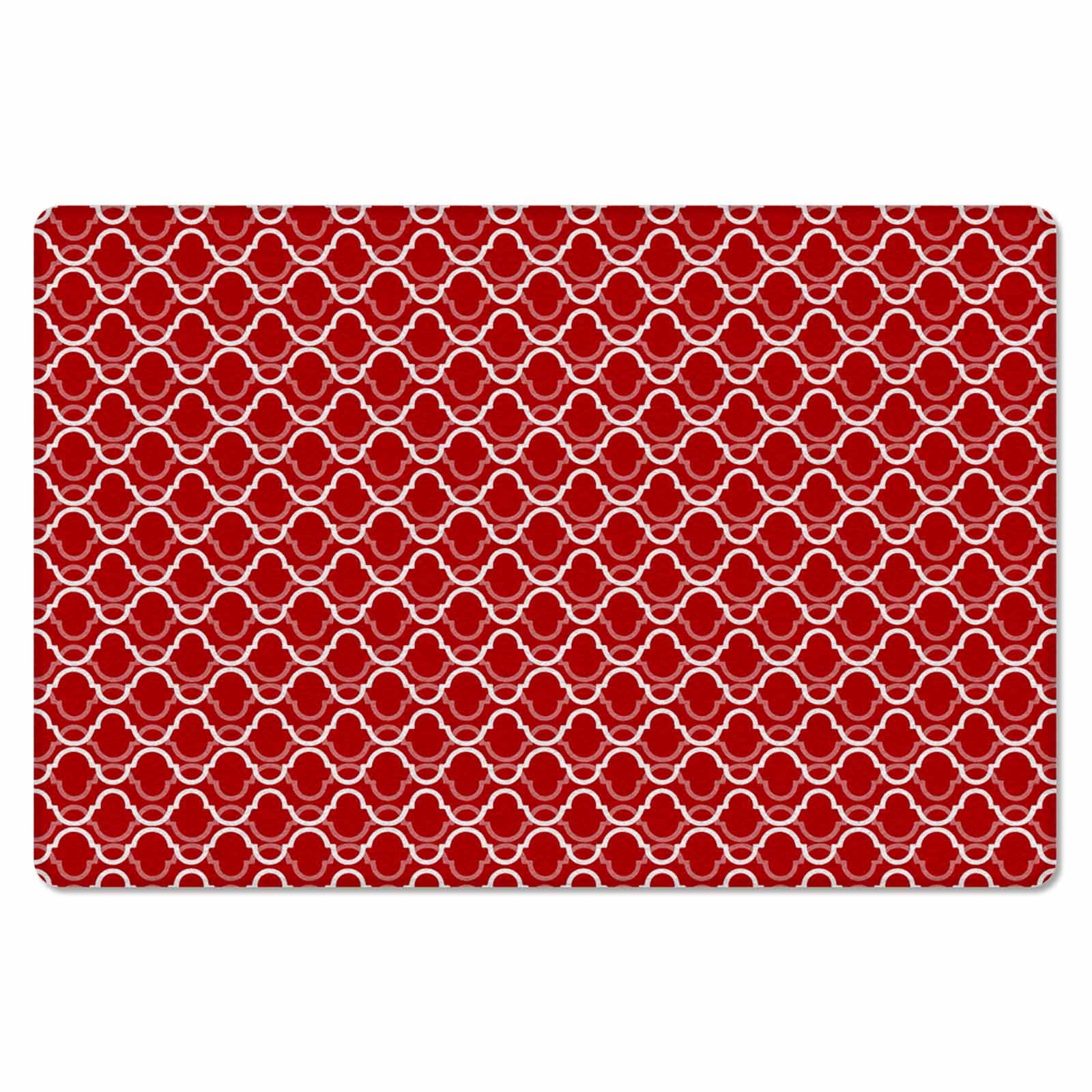 Geometric Red Kitchen Bath Door Mat Cushioned Runner Rug,Washable Welcome Floor Sink Antifatigue Mat,Waterproof & Non-Slip Comfort Standing Doormat,Modern Abstract White Moroccan Plaid 18