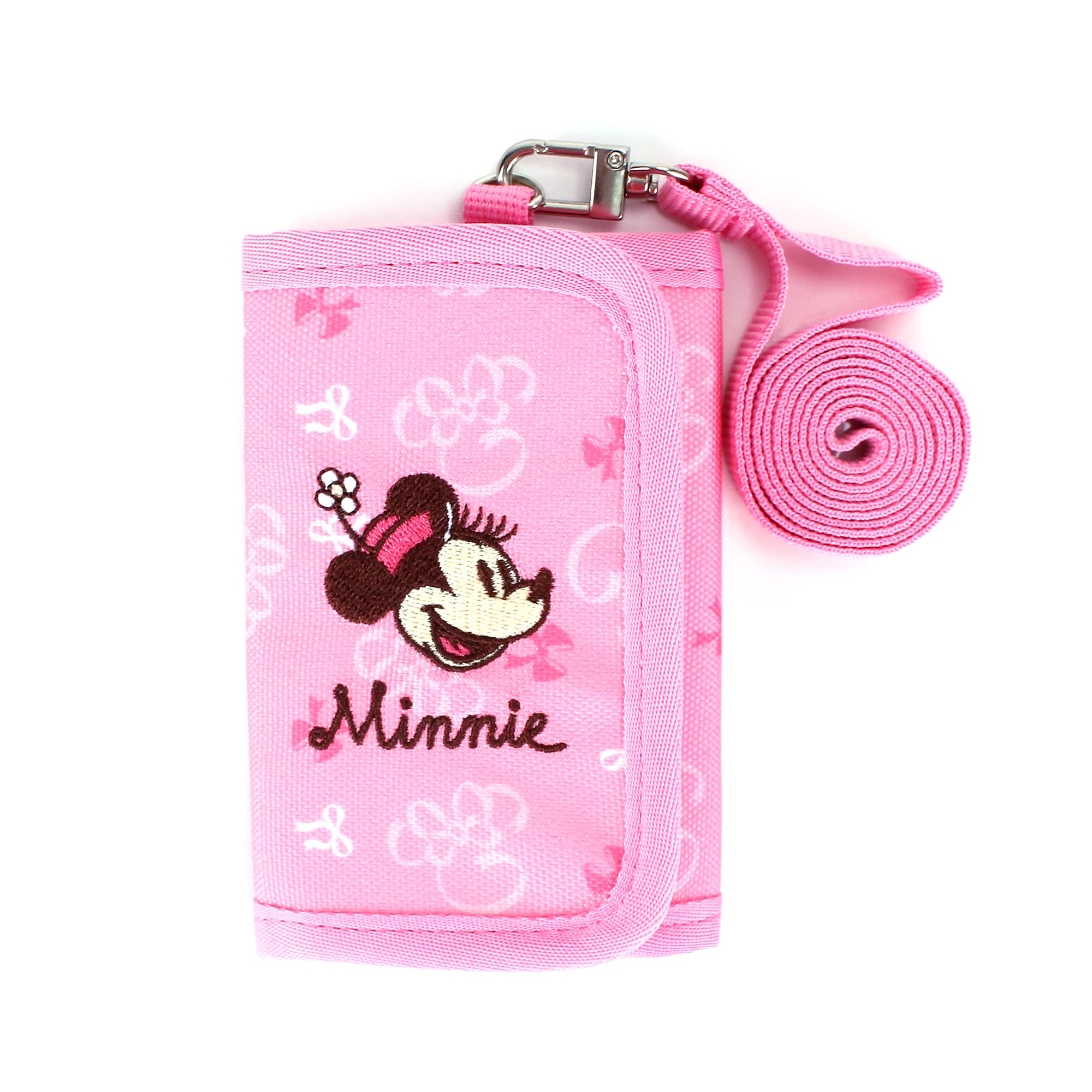 WINGHOUSE x Character Canvas Bifold Light Travel Cute Wallet Frozen II Elsa Minnie Mouse Kitty Cat Coin Card ID Holder Small Purse Pouch for Kids Girls with Detachable Neck Strap (PinkMinnieSmile)