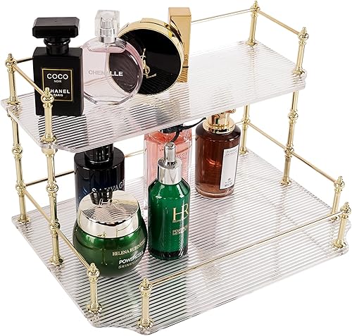 DalimFun Organizador de baño de 2 niveles, organizador de mostrador de perfumes, estantes de almacenamiento, bandeja de tocador desmontable (blanco)