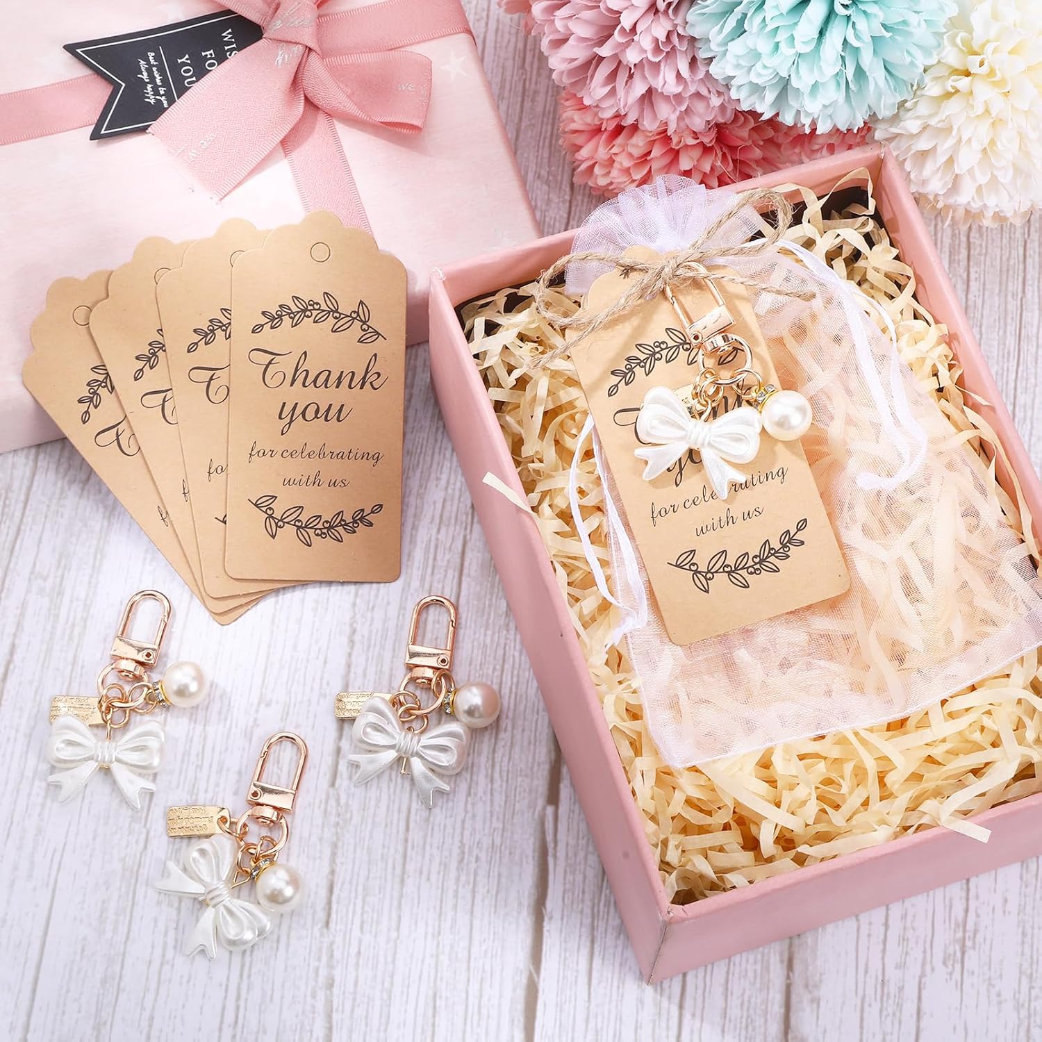 20 Set Bow Keychain Bridal Shower Favors Wedding Favors for Guests Includ Bow Pearl Keychains Thank You Cards & Gift Bags Party Souvenir for Baptism Bridal Shower Wedding(White) - Image 6