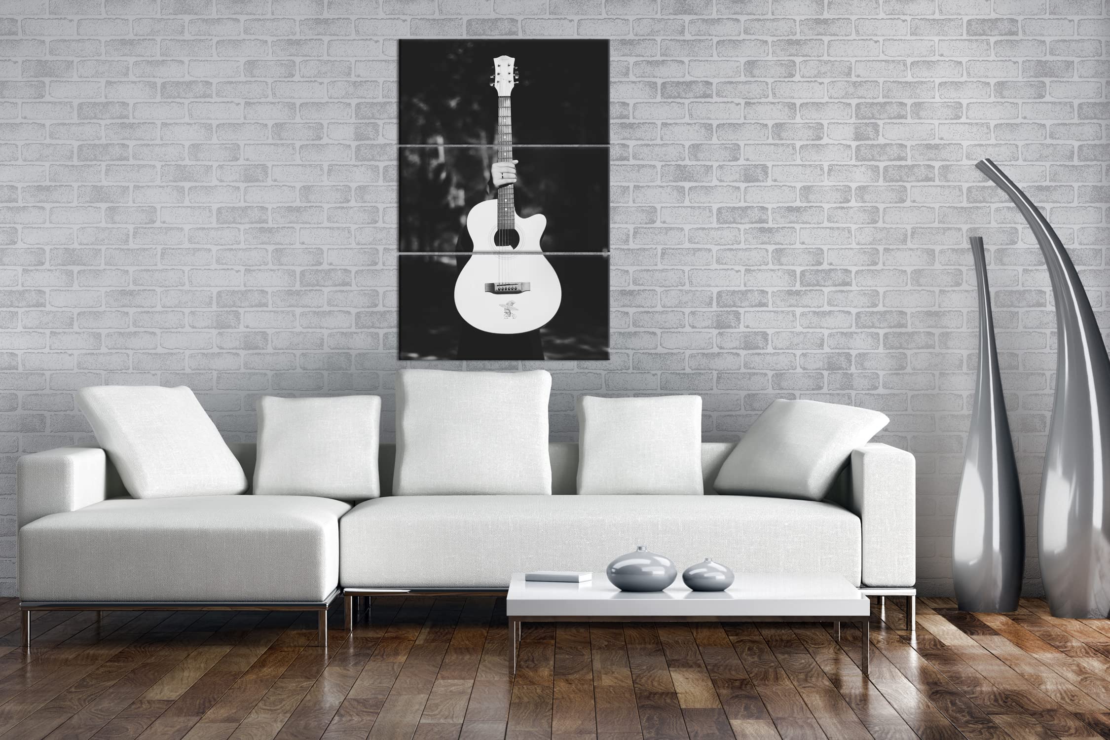 deyoli Chitarra acustica bianca Formato: 120 x 80 cm (3 pezzi). Effetto: bianco e nero come tela su tela, motivo già incorniciato su telaio in vero legno, stampa digitale di alta qualità con cornice