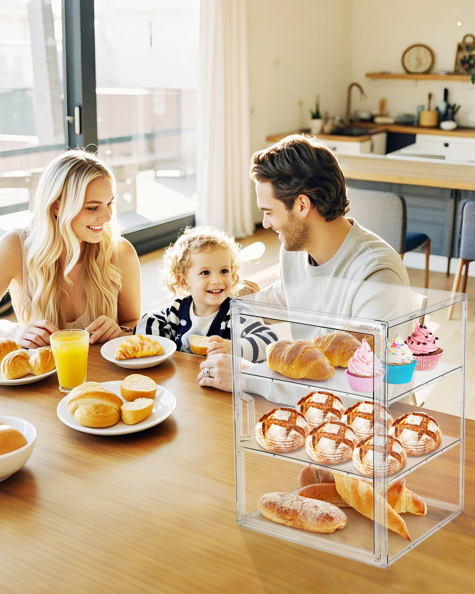 MEI NIAN Vitrina de pastelería, panera para encimera de cocina, caja de pan ajustable de 4 capas, caja de pan de gran capacidad para panes caseros, magdalenas, contenedor de almacenamiento de bagel