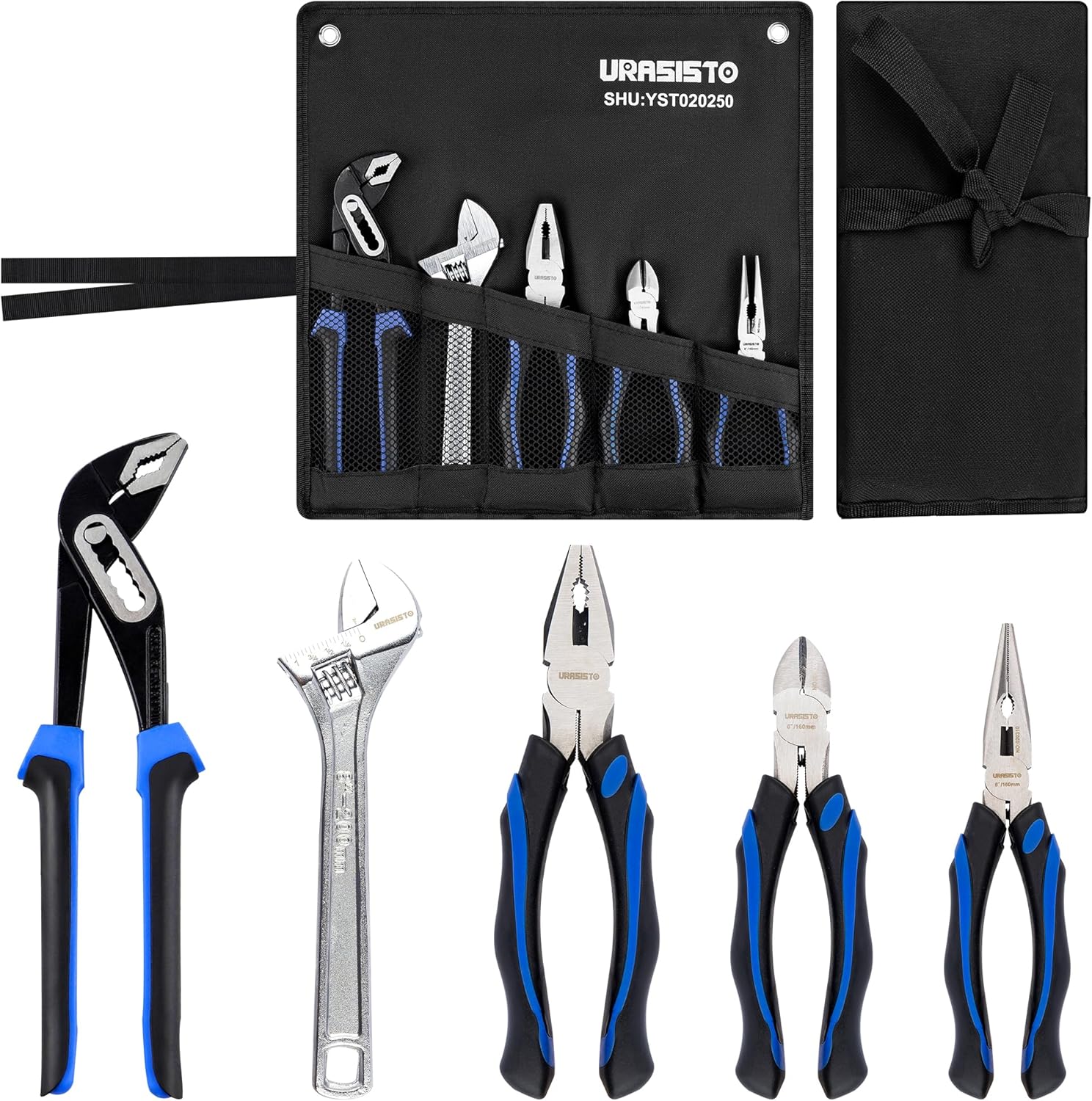URASISTO 5-piece Pliers Set Home Maintenance Tool Kit for Men, Including Groove Joint, Long Nose, Diagonal Cutting, Adjustable Wrench and Linesman Pliers, with Storage Pouch
