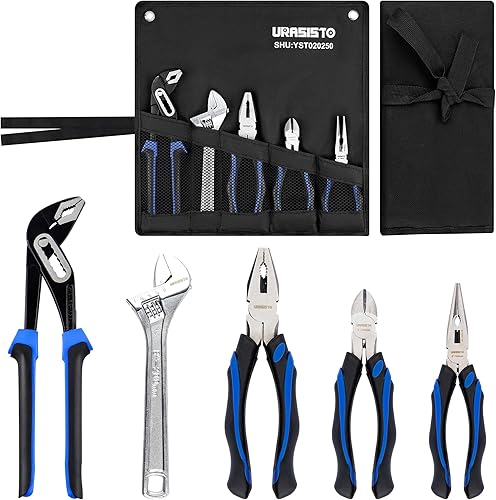 Juego de alicates de 5 piezas para el mantenimiento del hogar para hombres, incluye junta de ranura, nariz larga, corte diagonal, llave ajustable y
