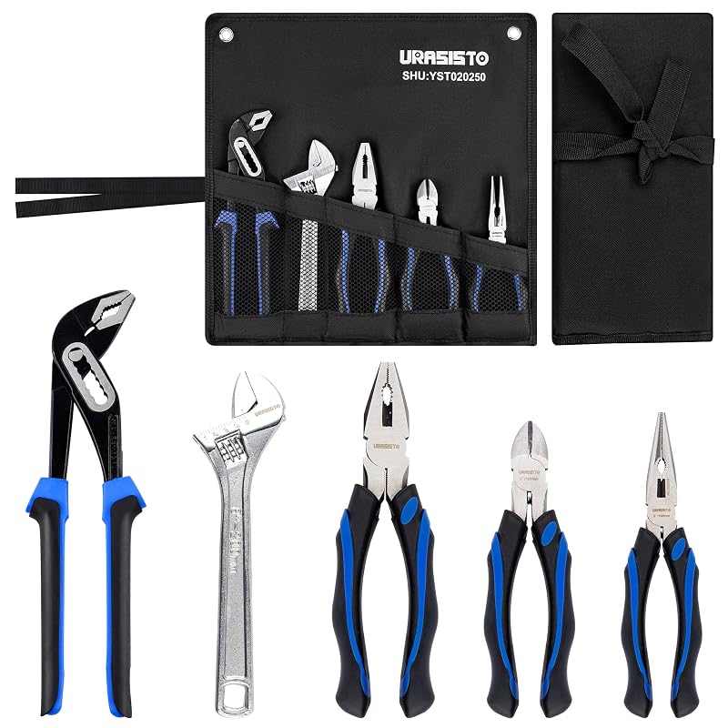 Kit de Alicates URASISTO com 5 Peças, Alicate Bico Longo, Corte Diagonal, Bomba d’Água, Lineman e Chave Ajustável