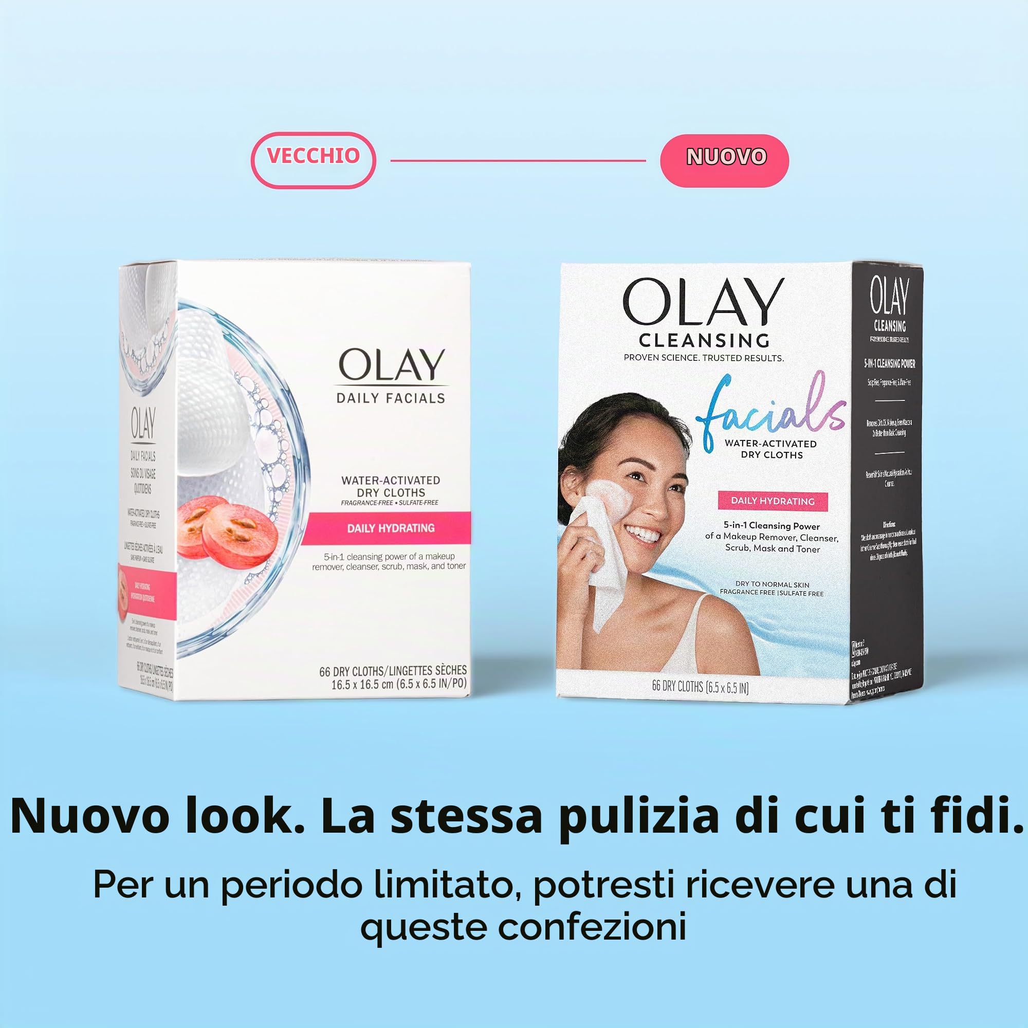 Olay Daily Facial Wipes Daily Clean Wipes, 4 in 1 con acqua attivata, 66 conteggio imballaggio può variare