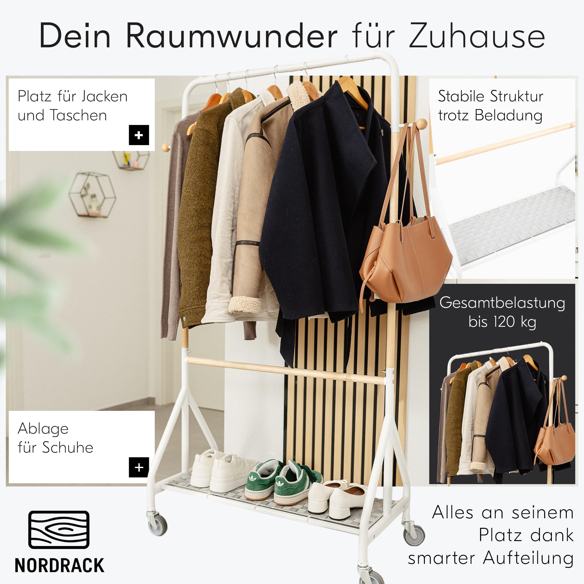 ASKA Premium Kleiderständer auf Rollen Stabil Schwerlast bis 120 kg Clothing Rack Garderobenständer Holz Metall Kleiderstange mit Schuhablage Rollbarer Kleiderständer Weiß Birkenholz