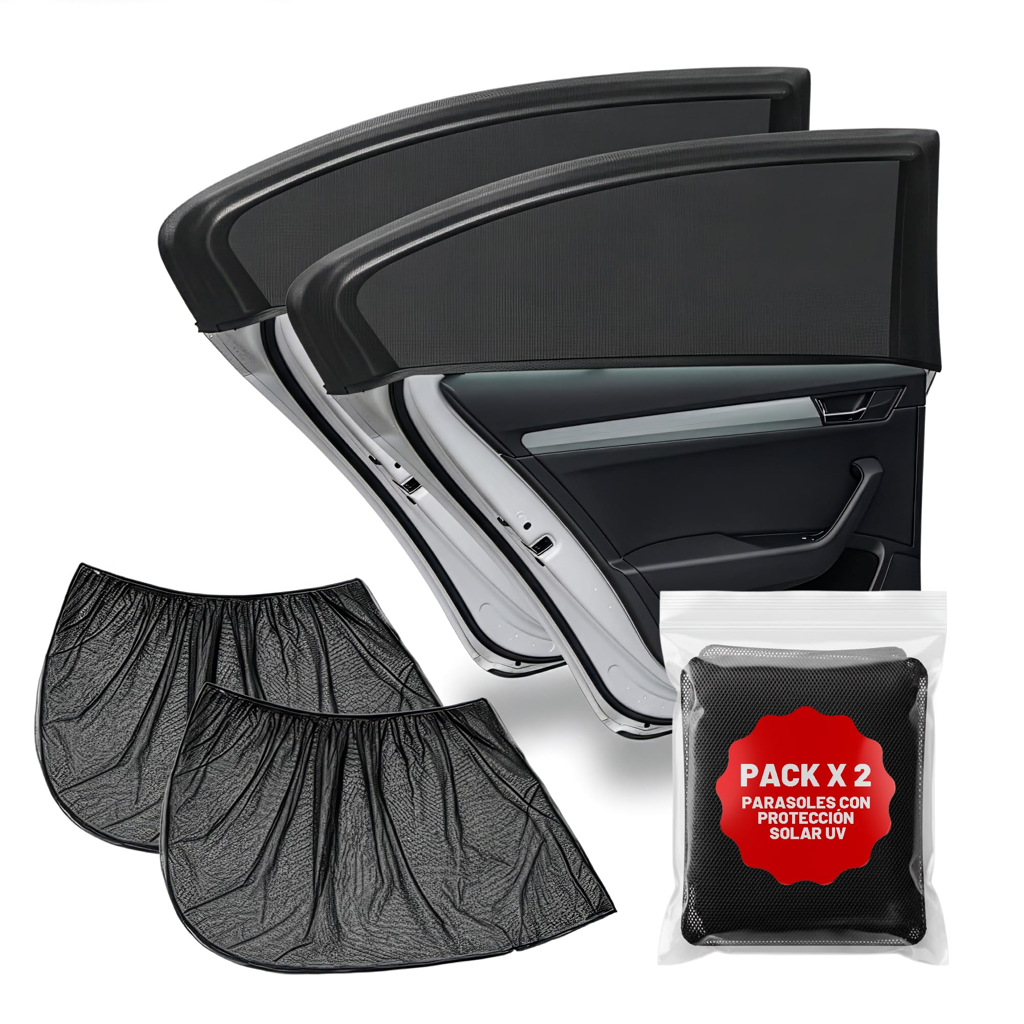 Pack 2 Parasoles Coche Laterales - Protector UV - Funda Ajustable Elastica para Ventanillas Traseras y Laterales - Quitasol Efecto Mosquitera - Parasol para Bebe, Niños y Mascotas