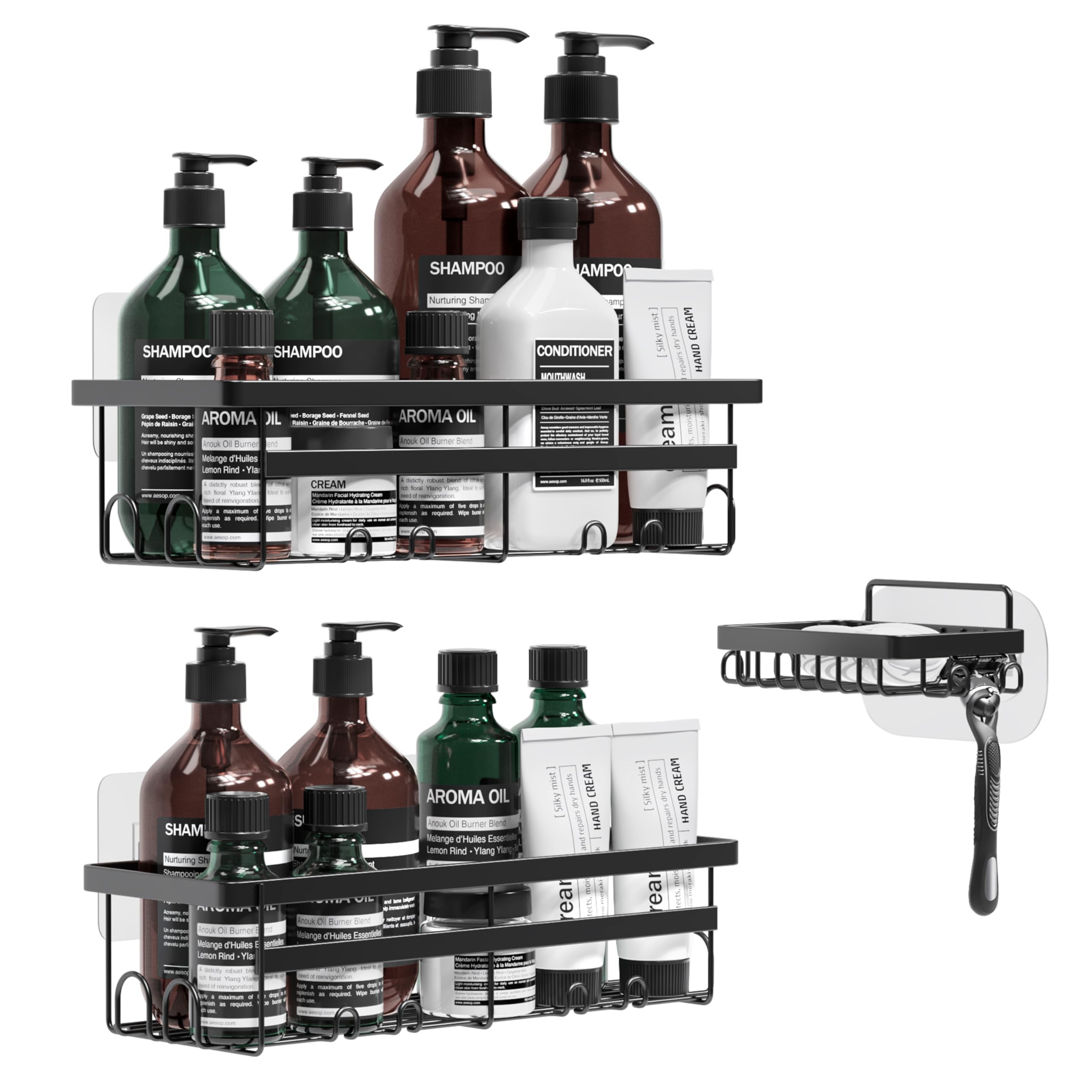 W&S Shower Caddy Set - Self-Adhesive & Drillable – Black Bathroom Storage + Soap Dish | Rustproof Stainless Steel Shelf for Bath & Kitchen Accessories, Storage