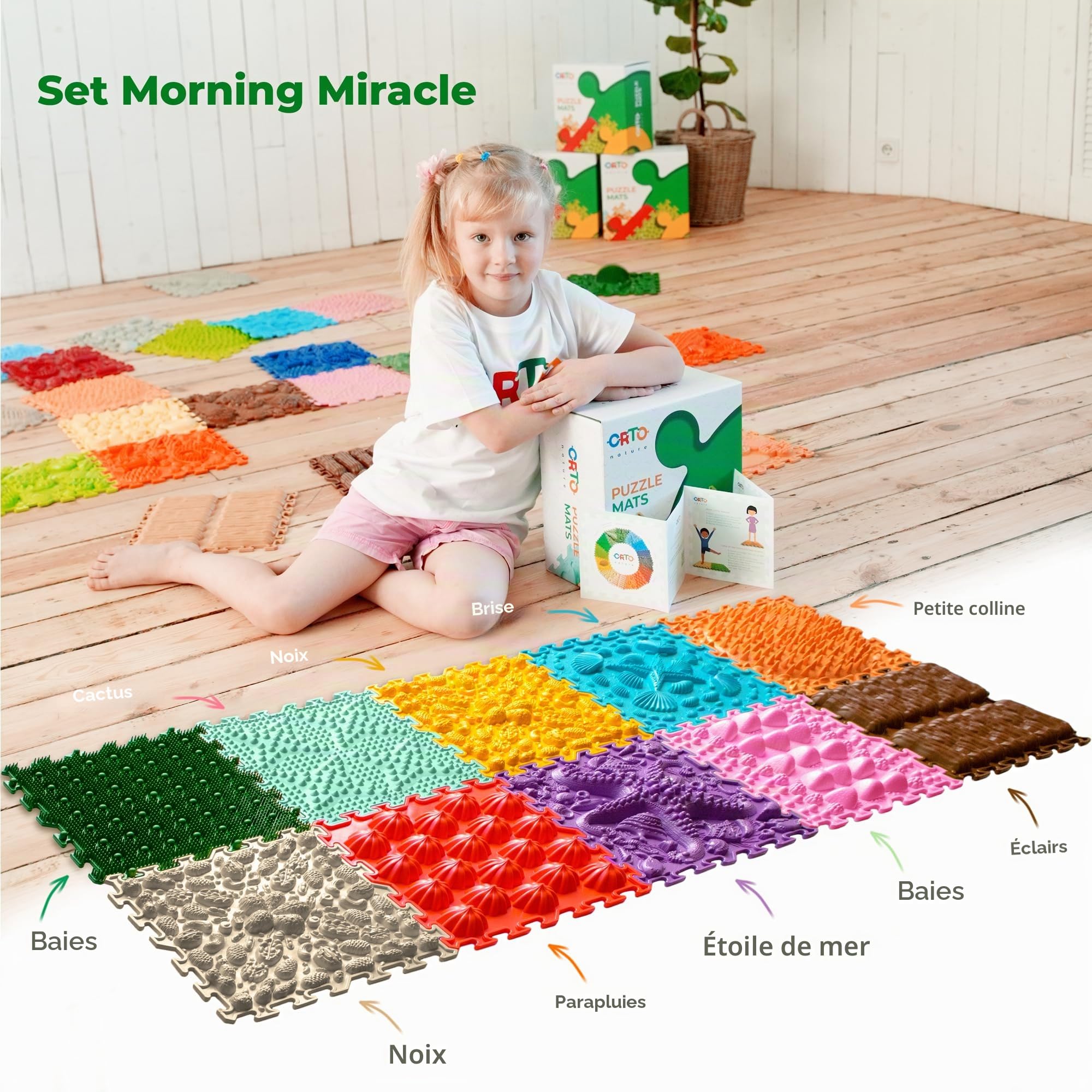 Tapis de Sol de Massage Puzzle – Tapis de Jeu Orthopédique et Sensoriel pour Enfants, Carreaux de Sol Emboîtables (Morning Miracle)