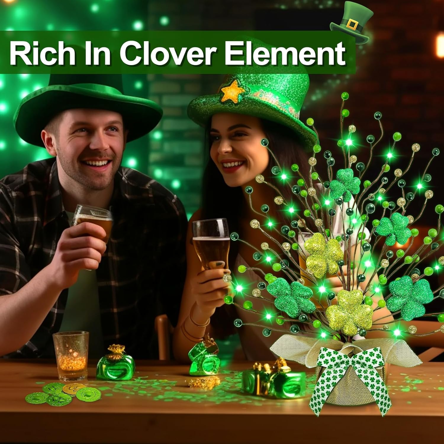 St. Patrick's Day Decorations, 2 Pack 18 Inch Lighted St. Patrick's Day Tree Tabletop 20 Green Lights Timer Battery Operated 6 Shamrocks 108 Berries Artificial Tree St. Patrick's Day Decor Home Party - Image 6