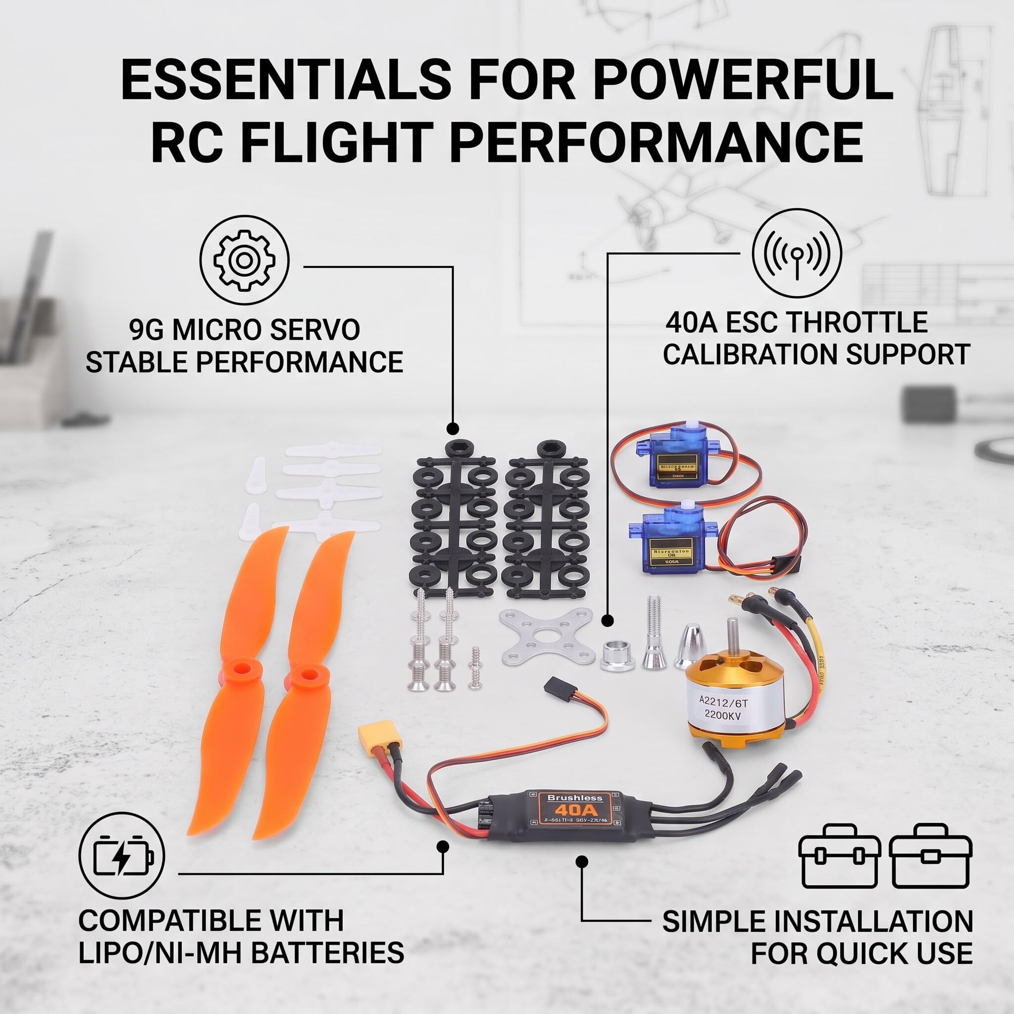 CHICIRIS Kit de Avión RC, Motor 2212 KV2200, 40A ESC, Servo SG90 para Drones DIY y Aviones RC
