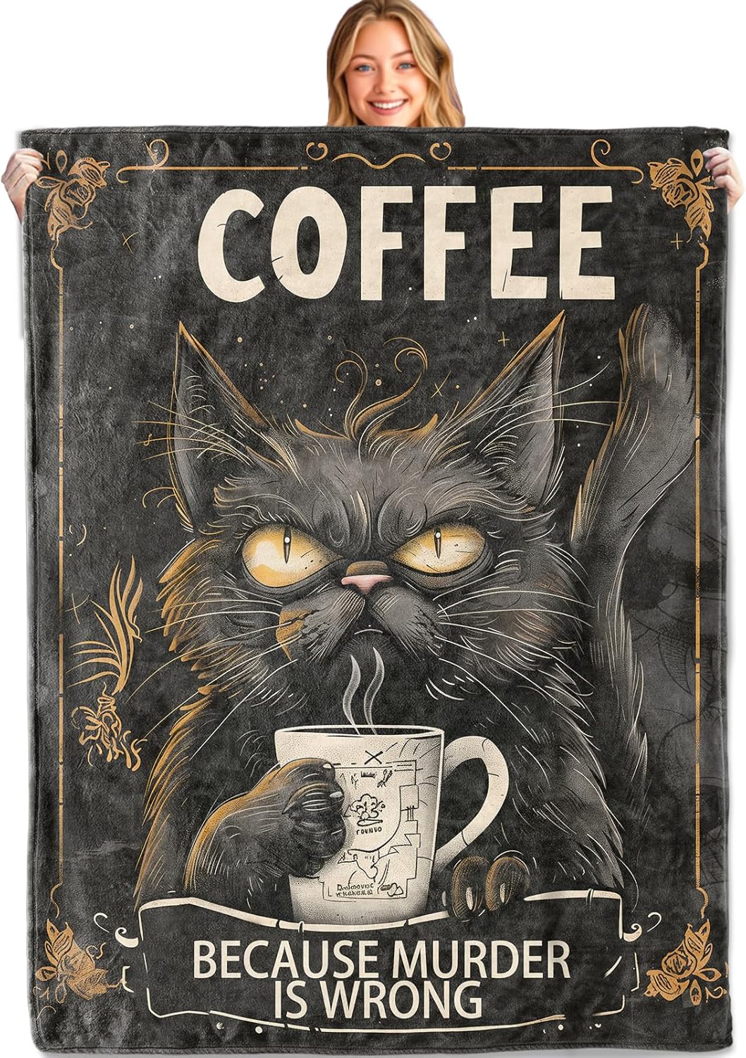Funny Black Cat Coffee Throw Blanket, 50x60in, Soft, Lightweight Flannel,Grumpy Gothic Cat with Mug and Sarcastic Quote Blankets, Gifts for Adults, for Halloween Office Home Living Room Decor