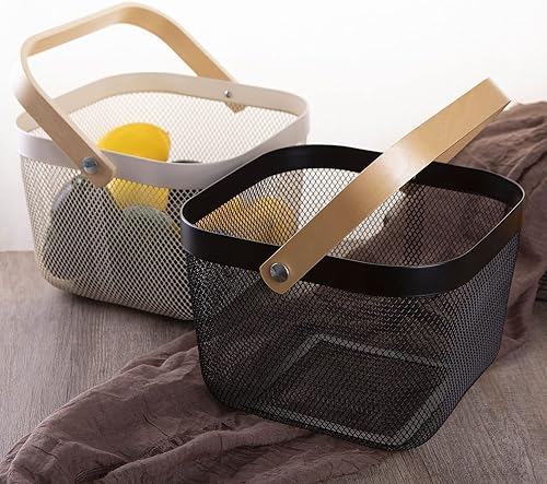 Miniatura 6 de Cesta cuadrada de alambre de metal tejida con mango de madera, soporte grande de malla negra, cestas de cocina colgantes multifunción (negro, normal)