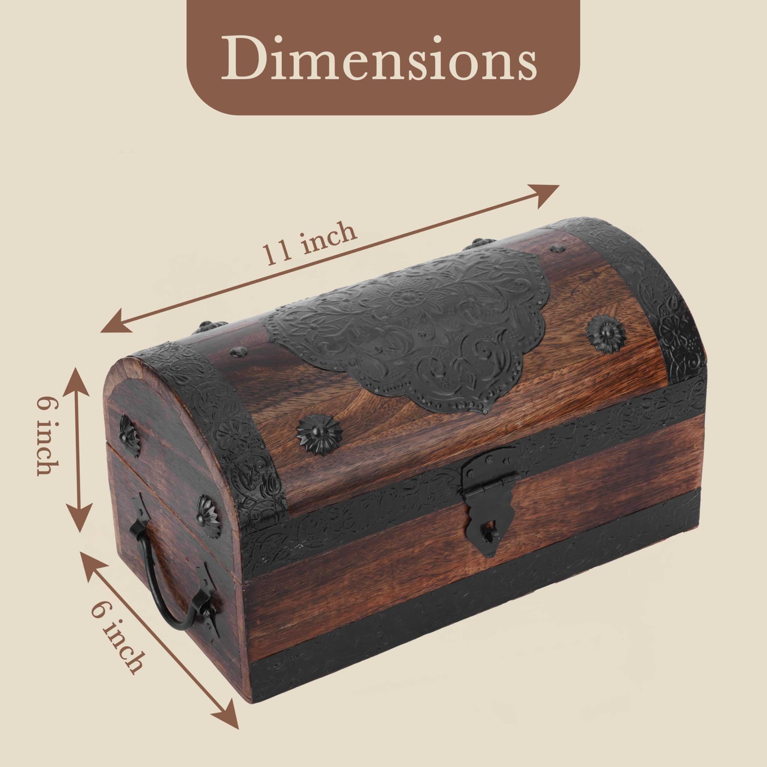 Cofre del Tesoro Pirata de Madera de Mango Hecho a Mano, Caja Decorativa Vintage 28 x 15 x 15 cm