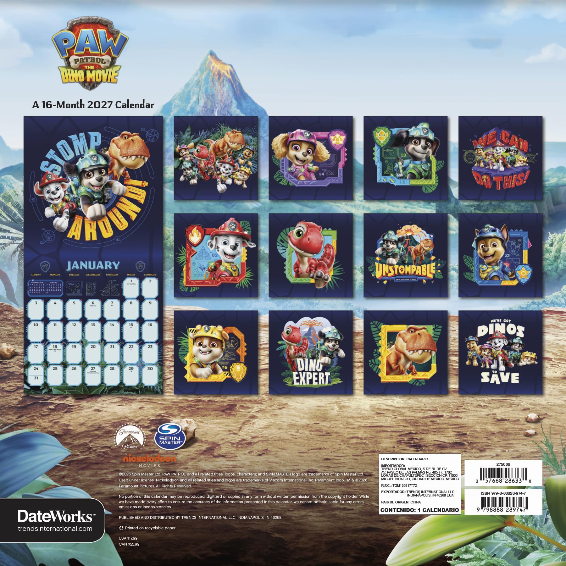 2027 Paw Patrol: The Dino Movie Wall Calendar