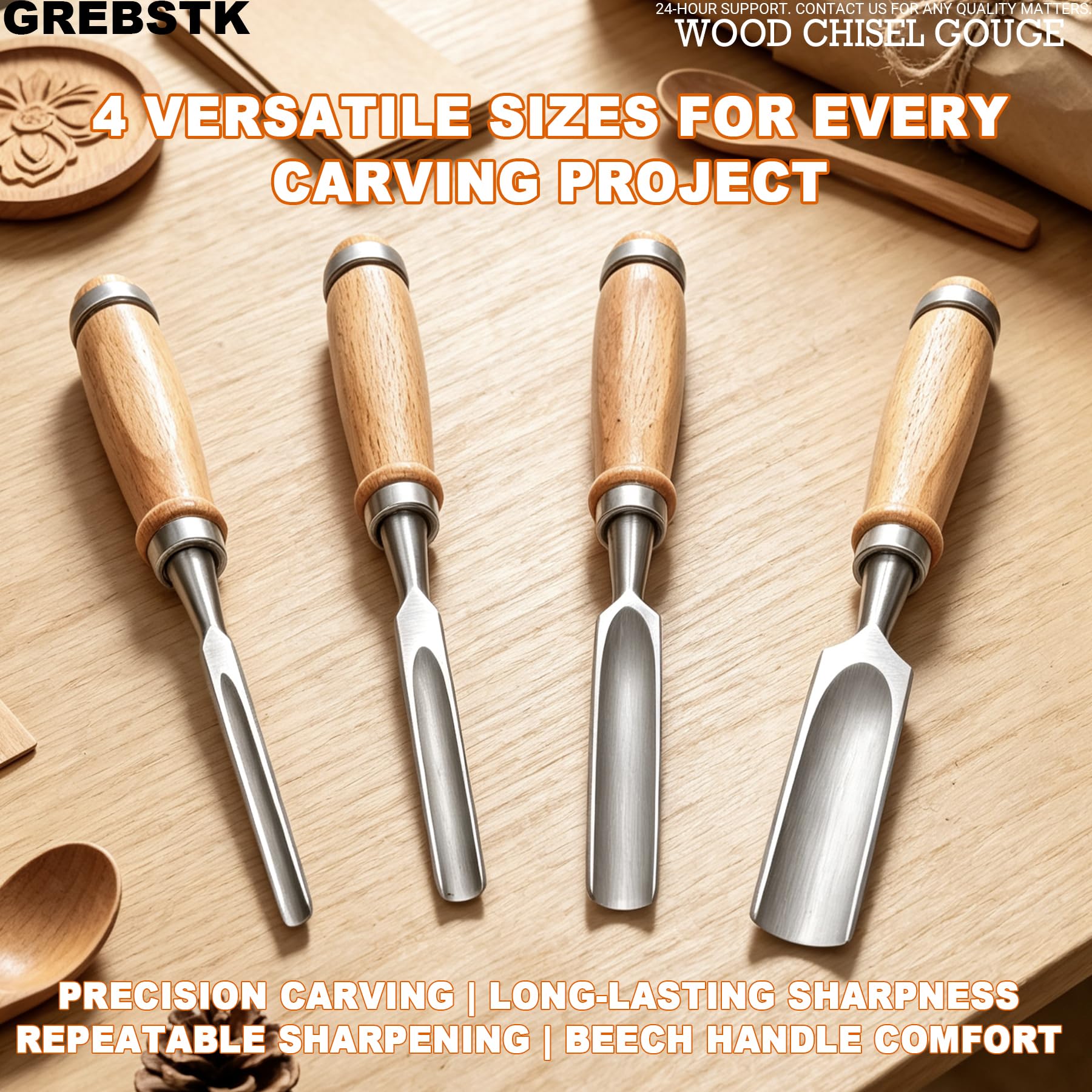 Wood Chisel Set - 4PC CR-V Blades, Ergonomic Handles -4 Wood Chisel Set - 4PC CR-V Blades, Ergonomic Handles -4