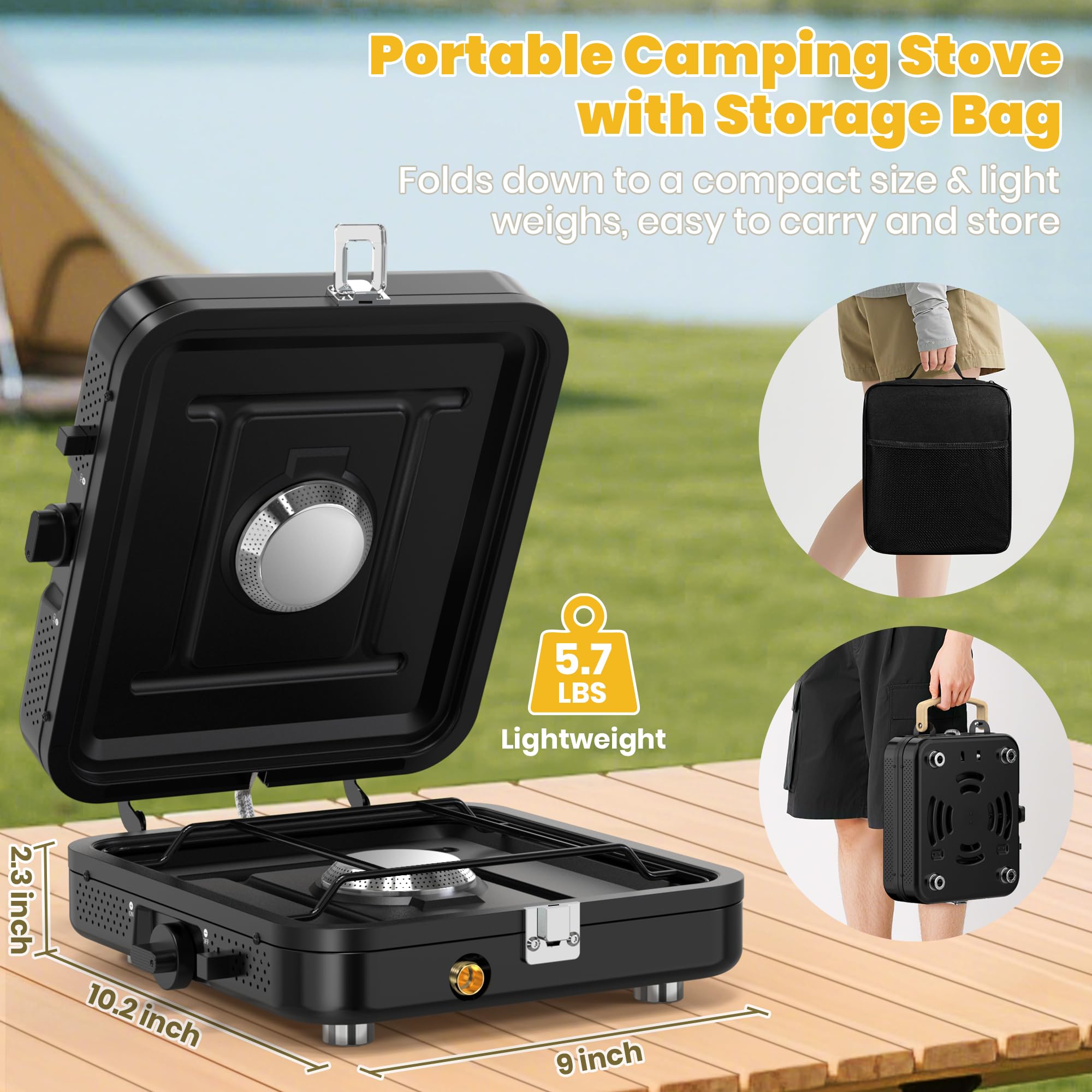 Fornello da campeggio a 2 fuochi 20000 BTU, fornello pieghevole a propano con borsa per il trasporto | Bruciatori regolabili ad alto calore e accensione istantanea piezoelettrico, accessori essenziali per barbecue e campeggio