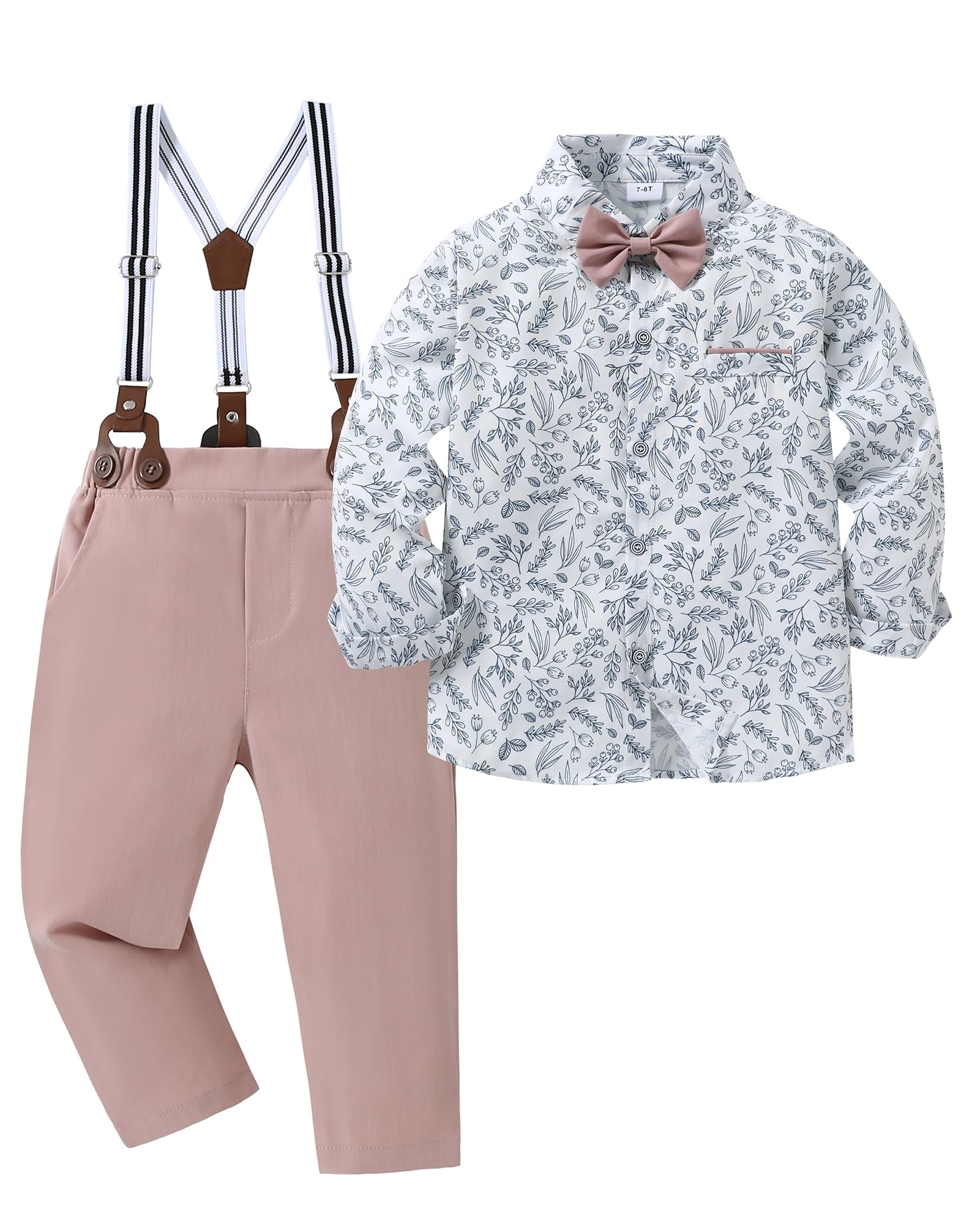 SANMIO Boy Clothes Suit, Boys Gentleman Wedding Outfit Formal Dress Shirt with Bowtie+Suspender Pants 5-10 Years