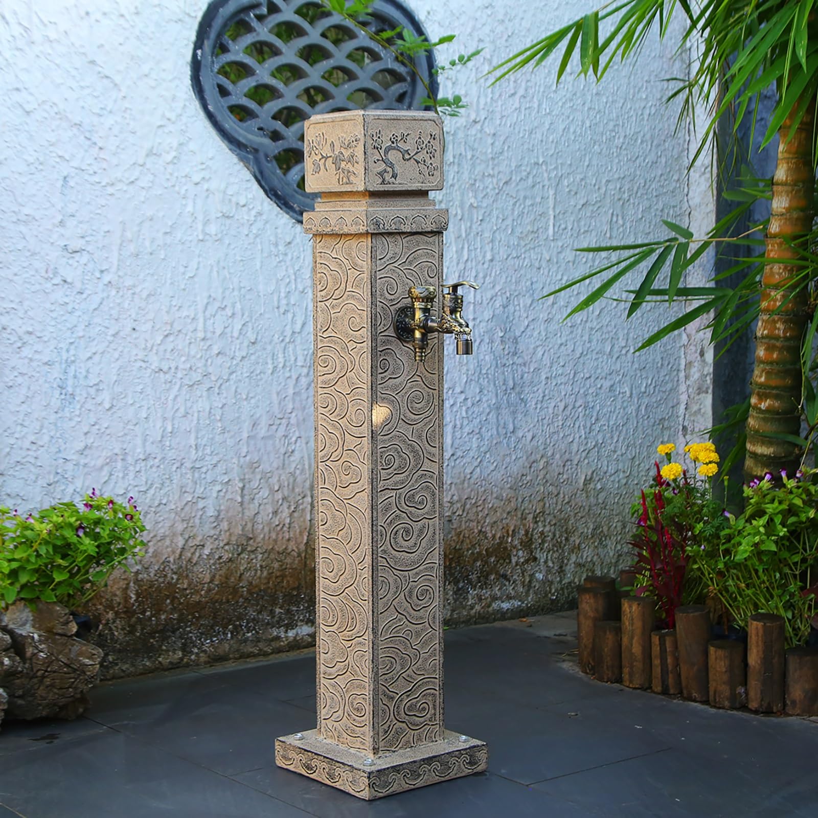 Generico Fontana a Colonna autoportante per Esterni con Doppio Rubinetto - Idrante Decorativo da Giardino per irrigazione e innaffiatura - Elegante Elemento Decorativo da Giardino Grigio da 60 cm