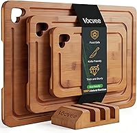 Vocvee Bamboo Cutting Boards Set of 3 with Storage Stand - Deep Juice Grooves, Reversible for Kitchen Chopping, Charcuterie, Veggies & Meat