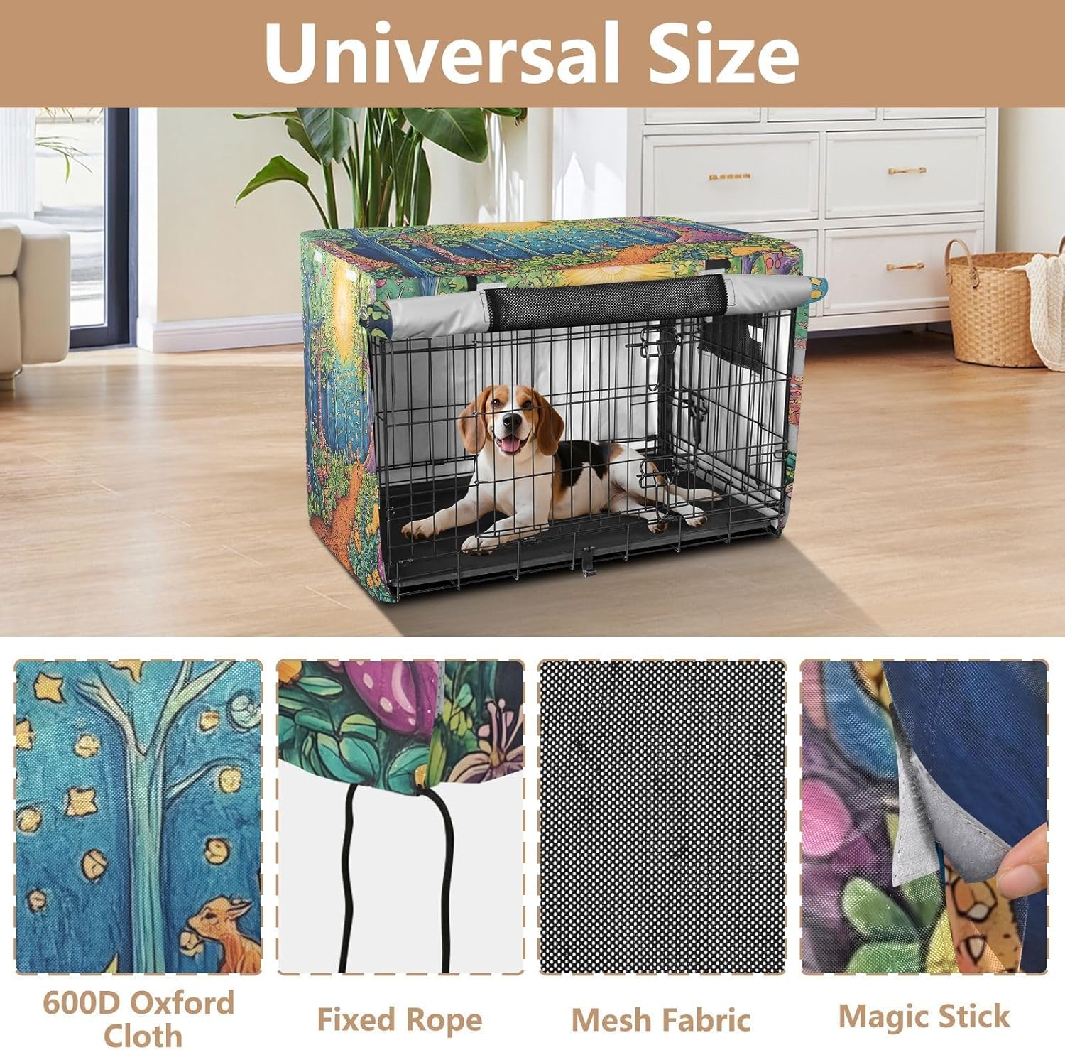 Colorful Towering Trees Dog Crate Covers Mesh Window Panels, Pet Cage Cover with Mesh Windows, Large