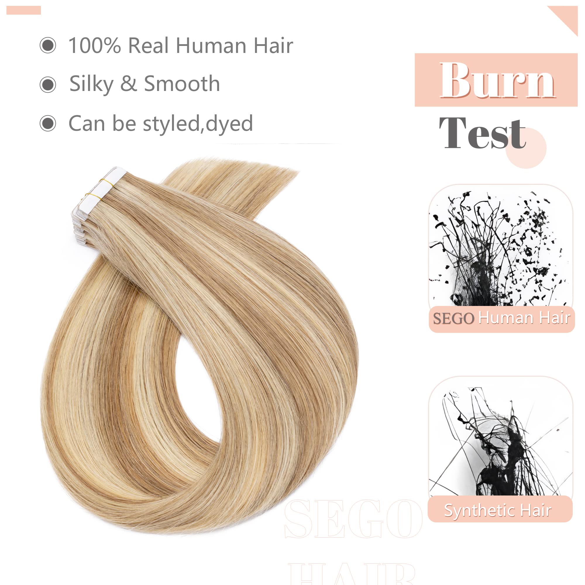 SEGO Extension Adhesive Cheveux Naturel - Extension Cheveux Humain Adhesif - Bande Adhesifs Extension Cheveux Adhesive Naturel - 60 CM 12P613#Brun Doré & Blond Blanchi [2.5g X 20 pcs]