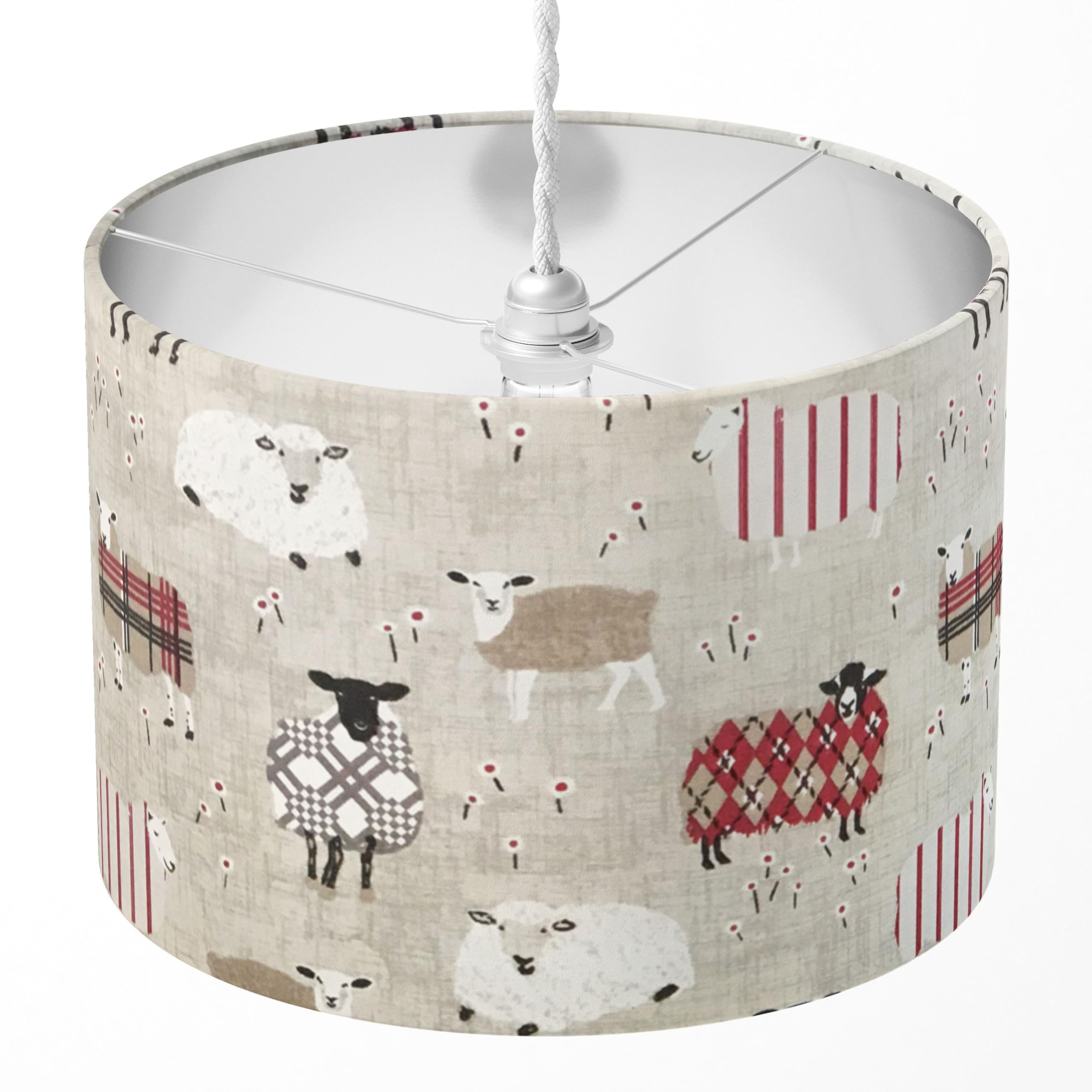 Sheep Lampshade, Farm Animal Lampshade, Grey and Red Lamp Shade, Nursery Kids Childrens Country Cottage Farmhouse Farmyard Ceiling Table Floor Pendant Bedroom Patterned Drum Lampshade Room Decor Gift